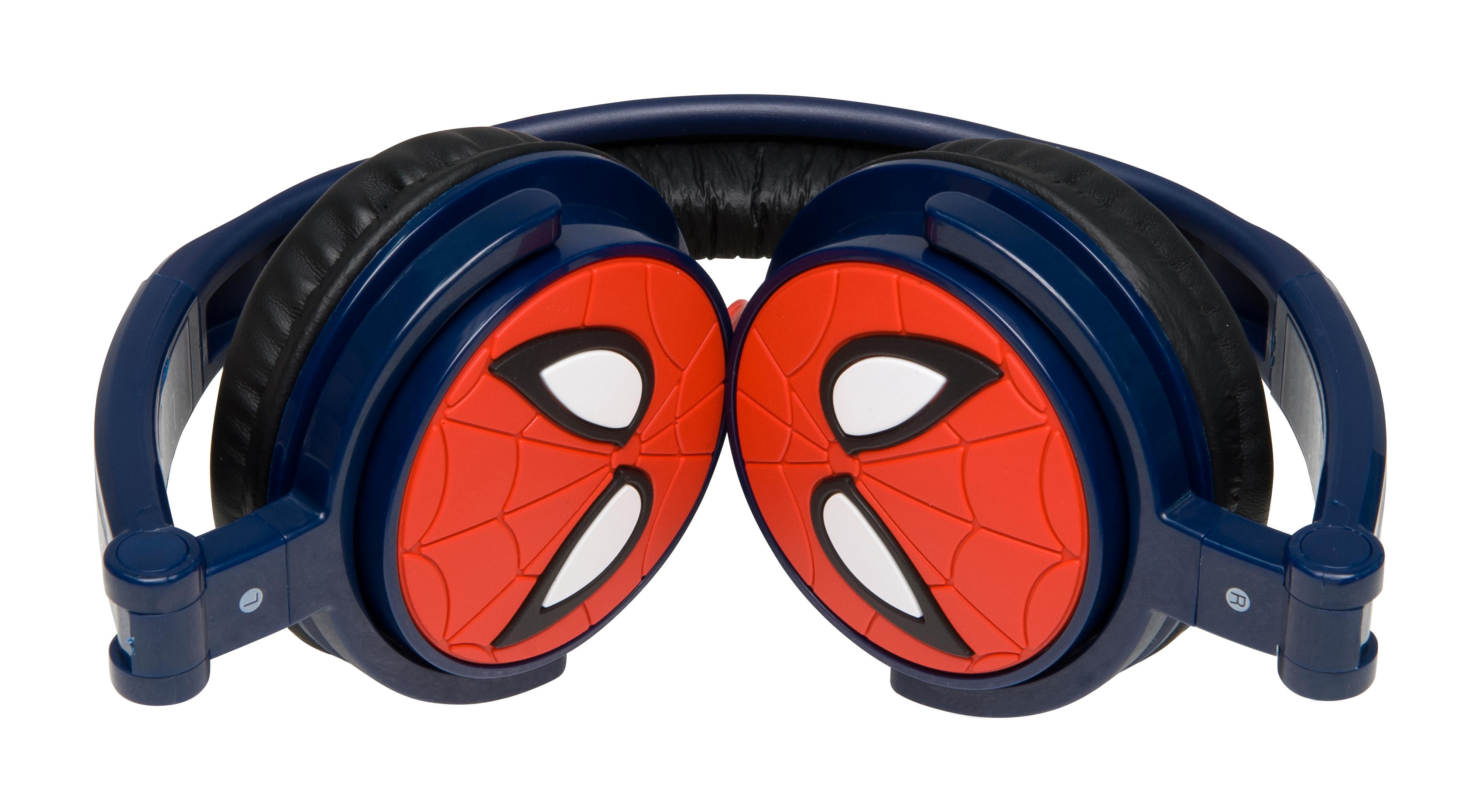 Spiderman-Kopfhörer in Blau und Rot, mit Spiderman-Logo auf jedem Ohr.