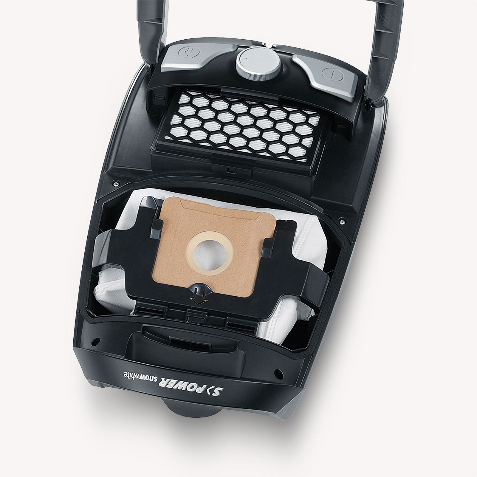 Odkurzacz pokazujący elementy wewnętrzne, w tym filtr i worek na kurz.