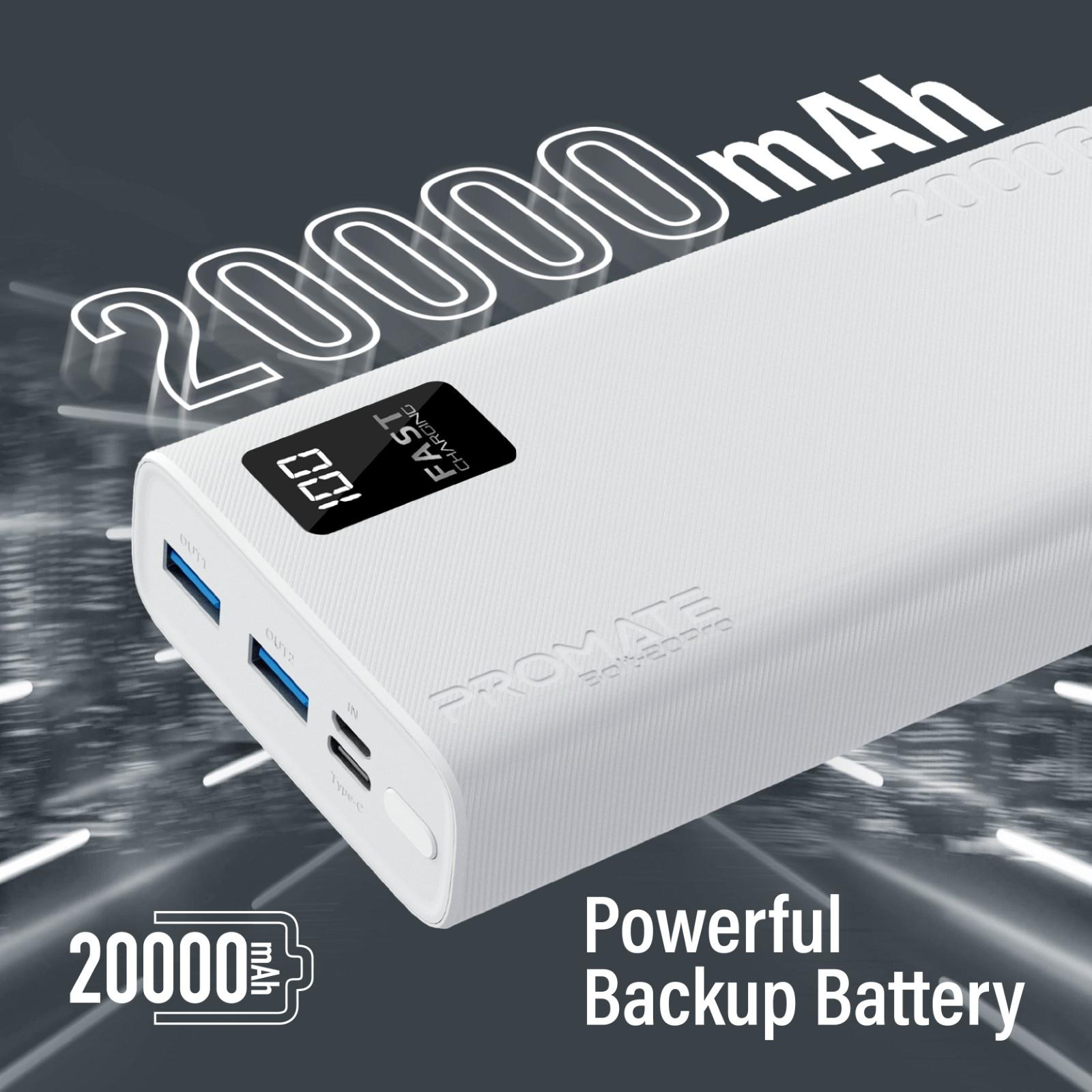 Un power bank bianco con display digitale che mostra il 100%. Il testo indica una batteria da 20000 mAh.