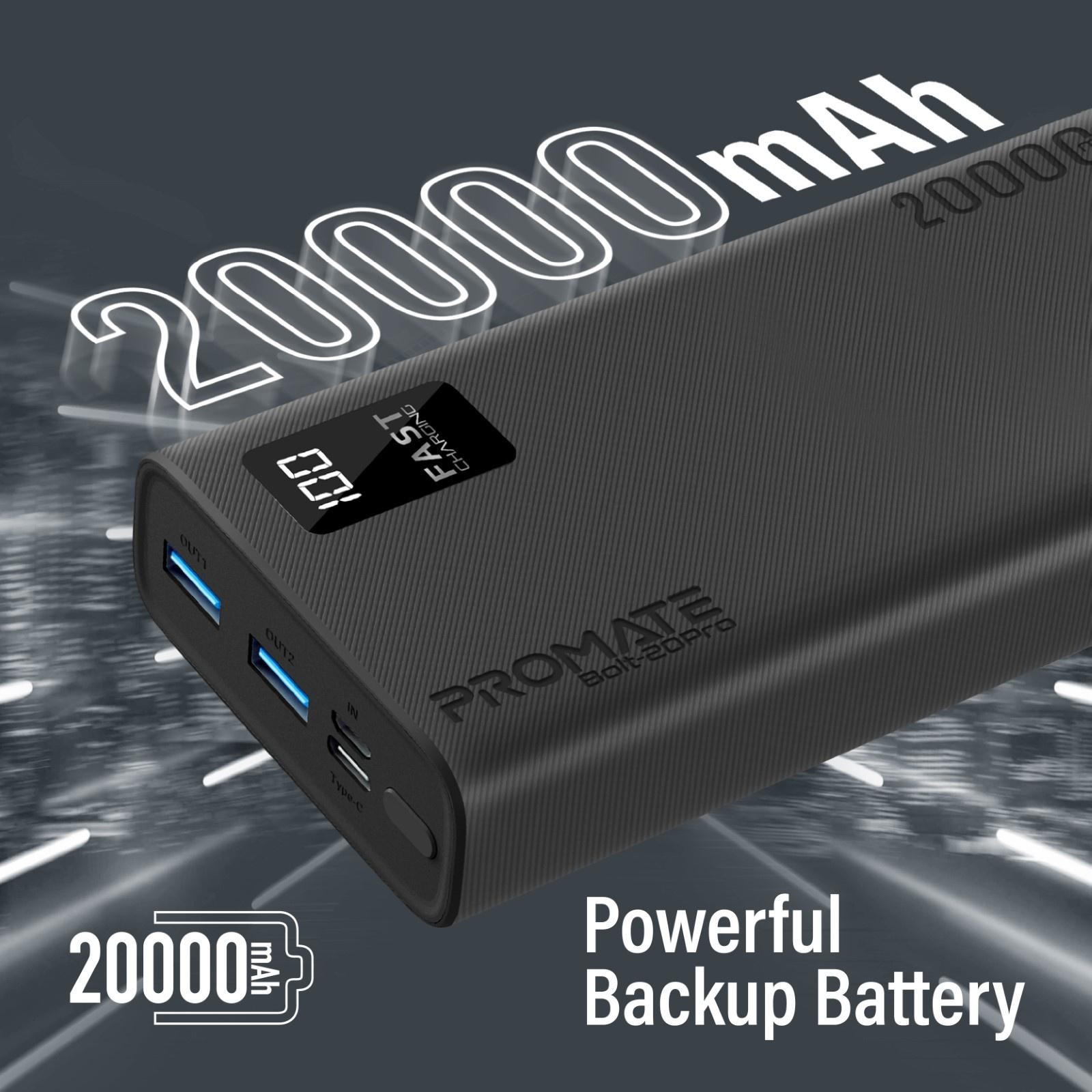 Power bank nero con schermo che mostra '100' e testo '20000mAh'.