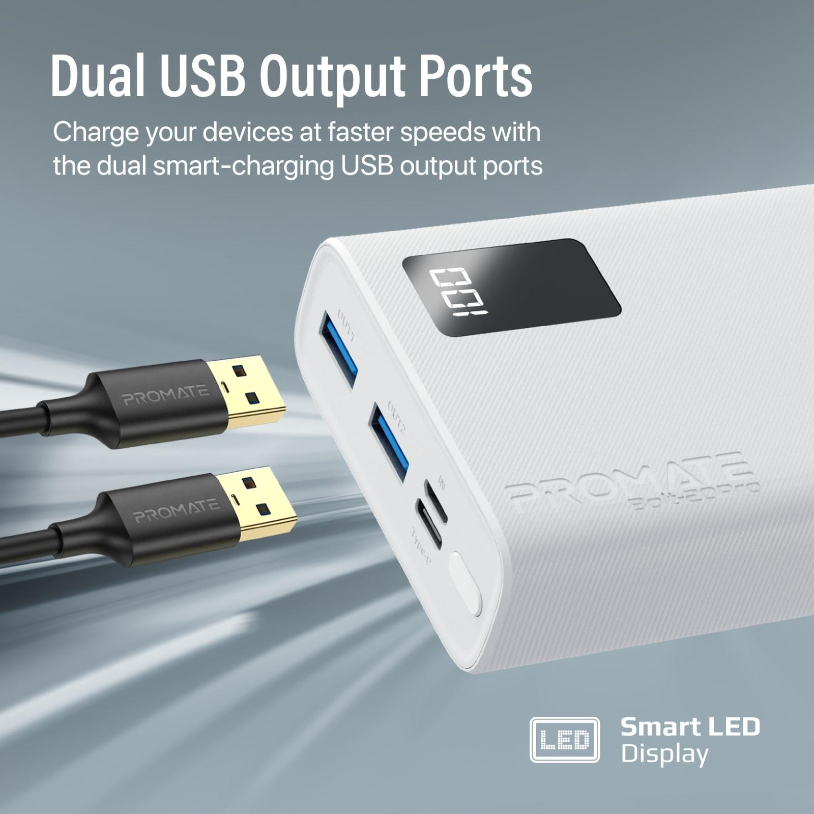 Un power bank bianco con doppie porte USB, due cavi di ricarica e un display LED intelligente.