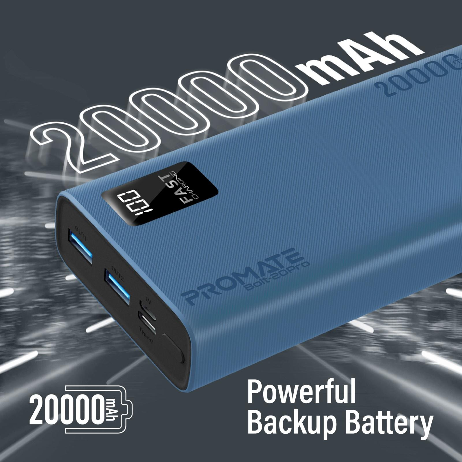 Banco de energía azul con el texto '20000mAh' y 'Carga rápida'. El banco de energía está en ángulo.