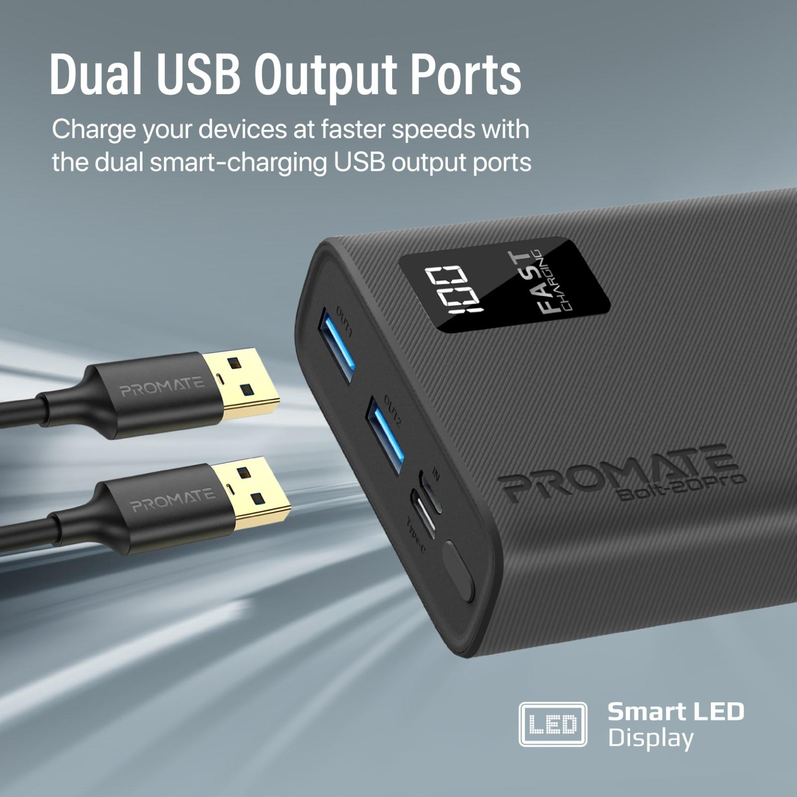 Un power bank nero con due porte USB e un display di ricarica rapida. Due cavi USB sono collegati.