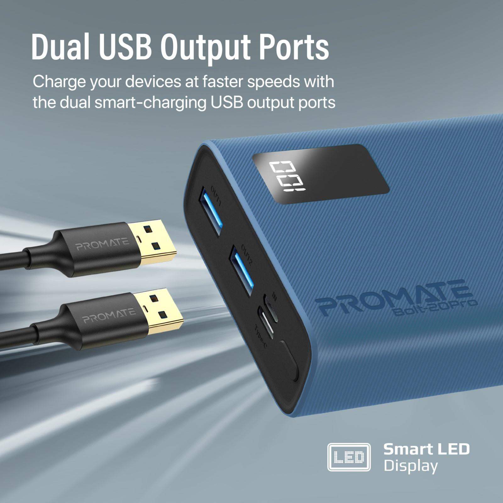 Banco de energía azul con dos puertos USB y una pantalla que muestra el porcentaje de la batería. Dos cables de carga están conectados.