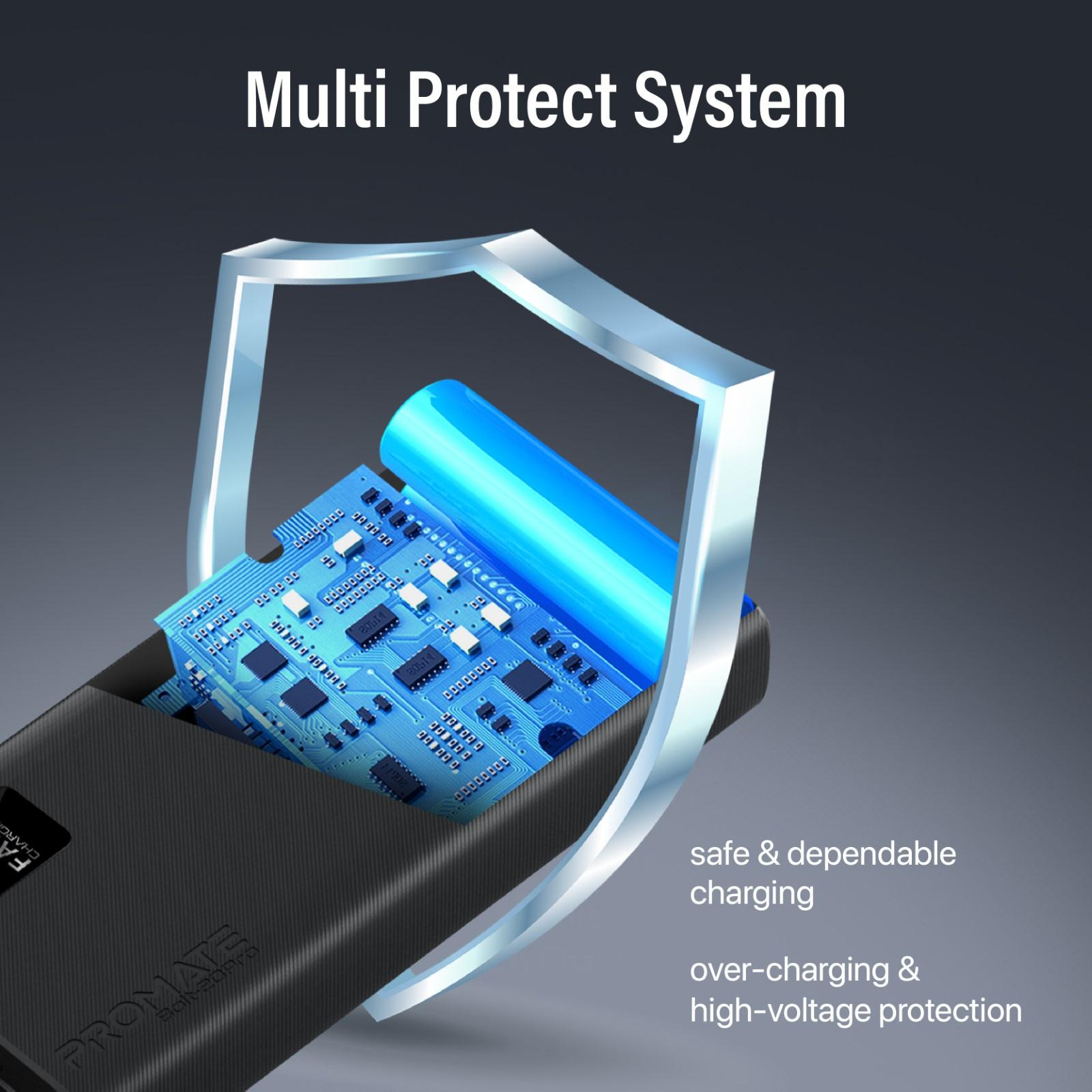 Power bank nero con illustrazione di PCB blu e simbolo dello scudo.