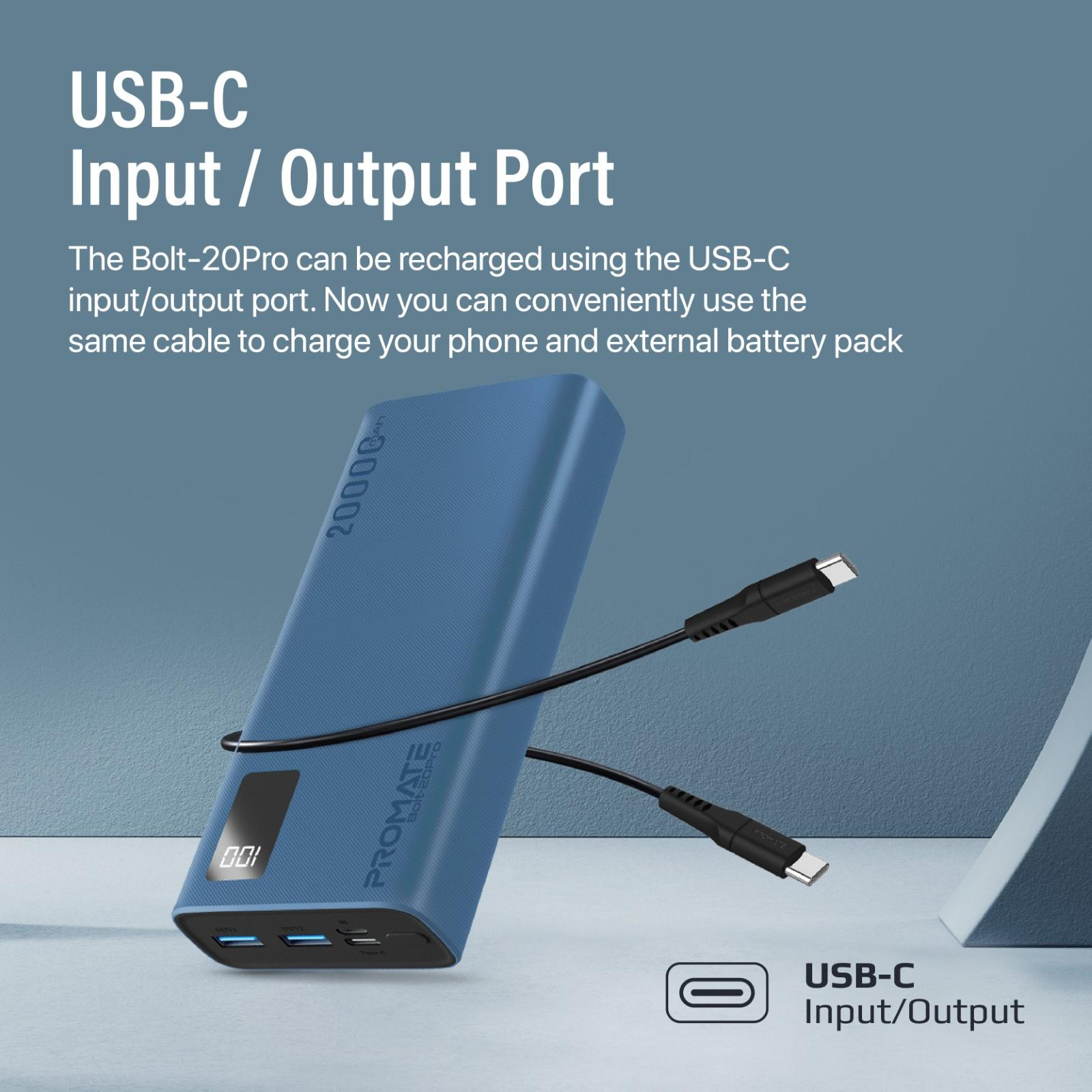 Un banco de energía azul con pantalla y dos cables. El puerto es de entrada/salida USB-C.