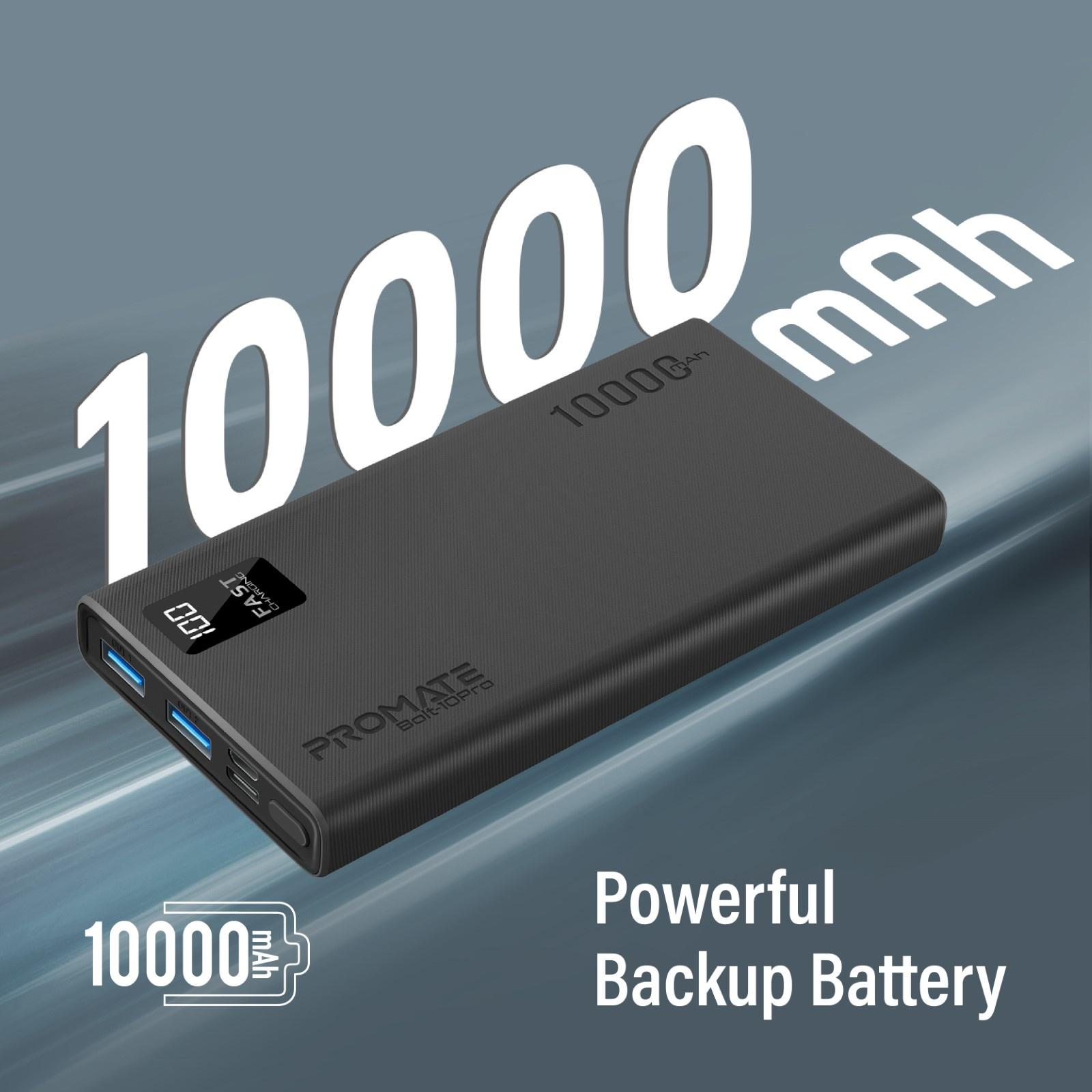Un banco de energía negro y rectangular con la etiqueta '10000 mAh'. Texto blanco: 10000 mAh y 'Powerful Backup Battery'.