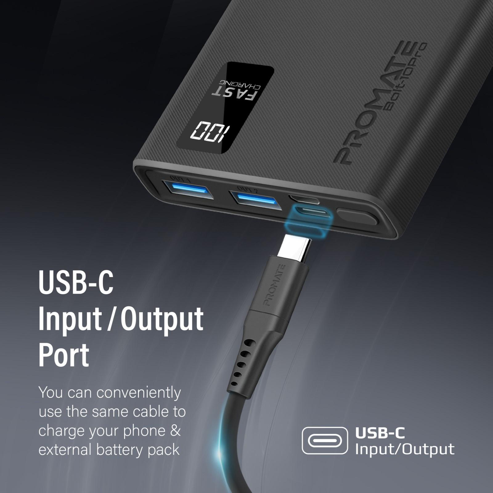 Batería externa negra con puerto USB-C y cable conectado.