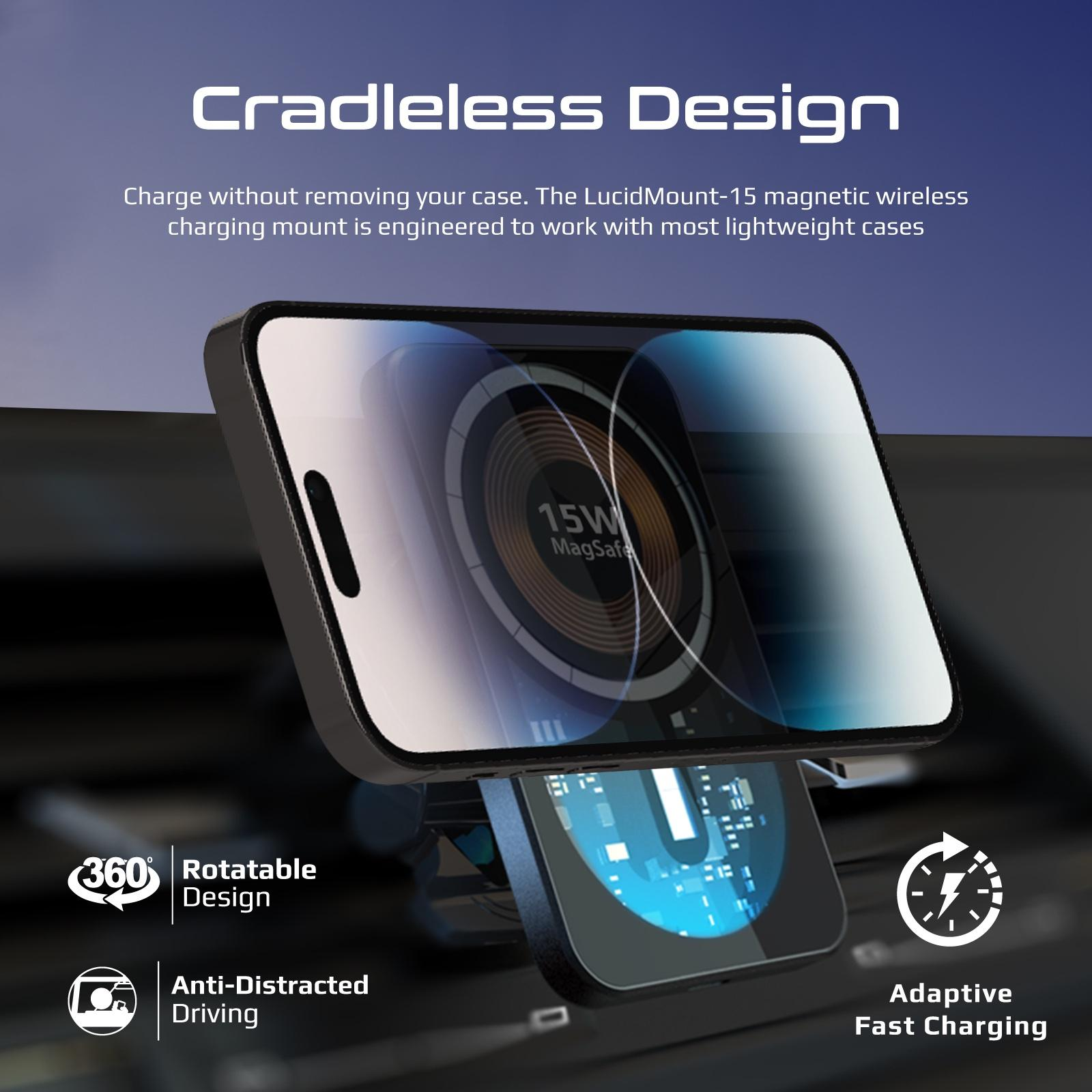 Soporte para teléfono de coche con teléfono. Texto blanco: Cradless Design. Rotación 360°, Conducción sin distracciones.