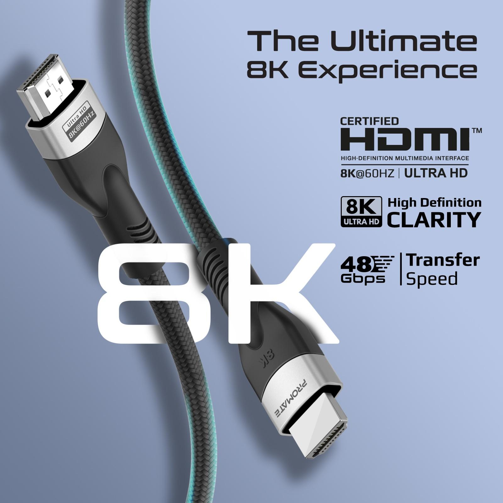 Dos cables HDMI negros. El texto "8K" es prominente. La marca es Promate.