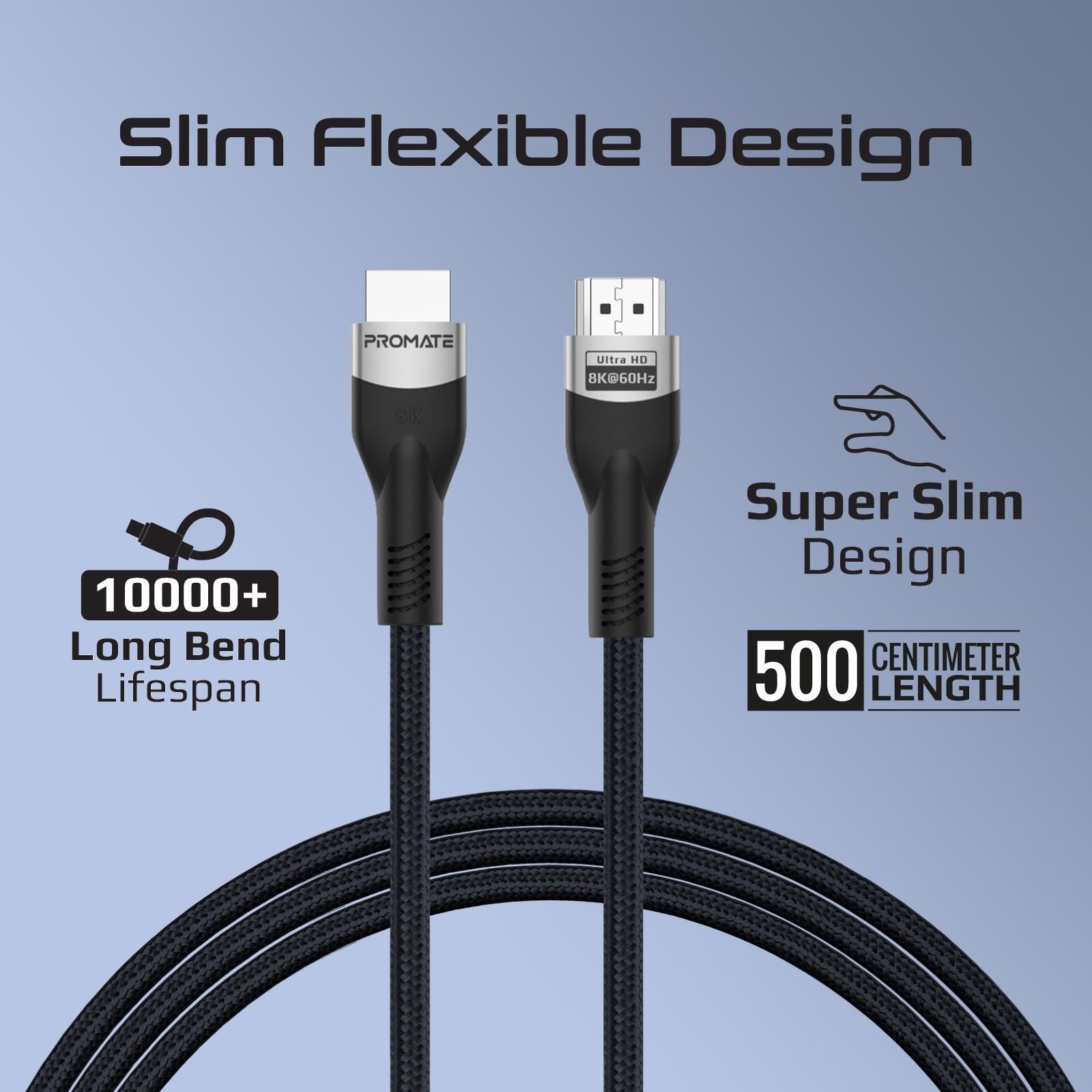 Dos cables HDMI negros con conectores. Texto: Diseño delgado y flexible, 10000+ larga vida útil, 500 cm de longitud.