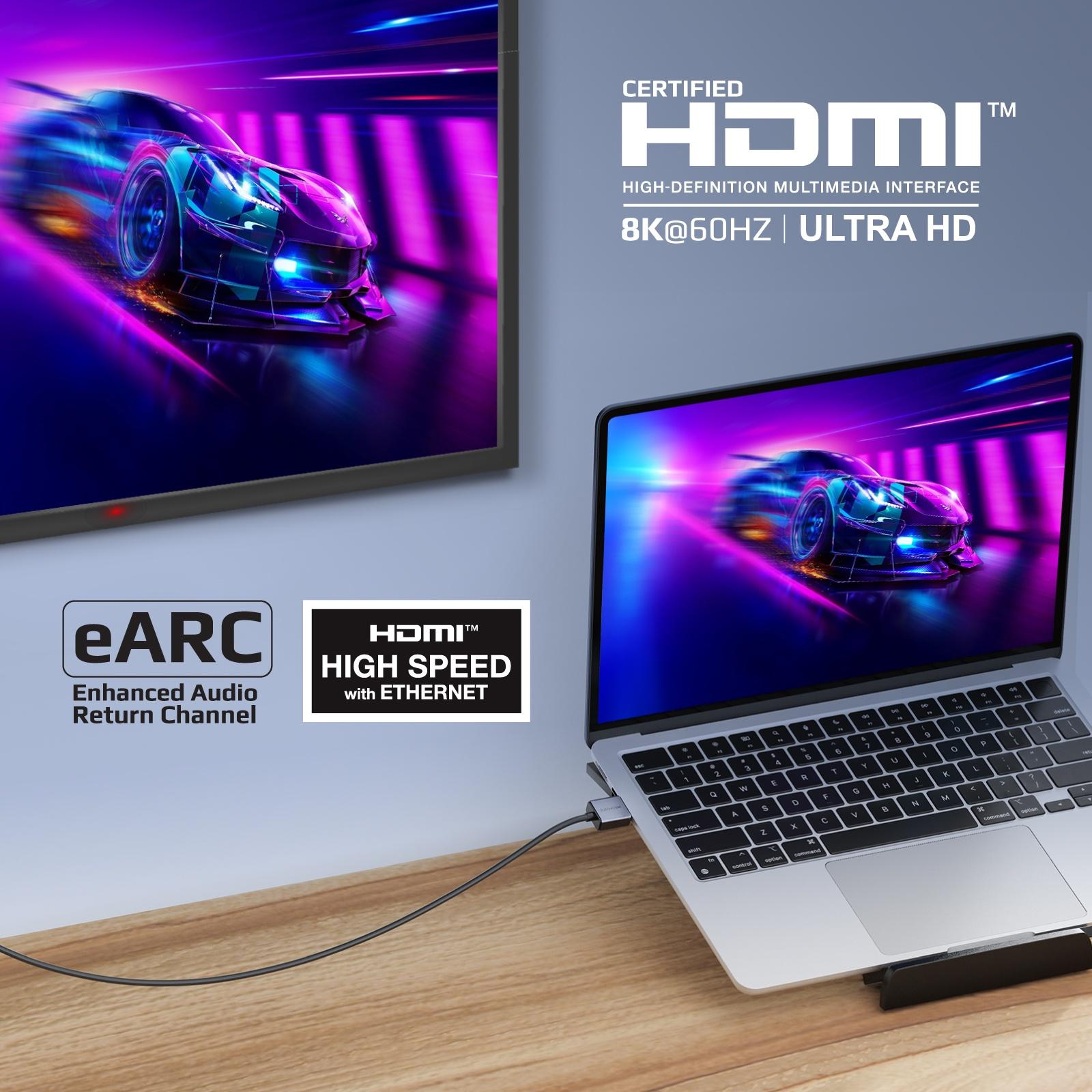 Portátil conectado a un televisor, mostrando una carrera de coches. Símbolos HDMI y eARC visibles.