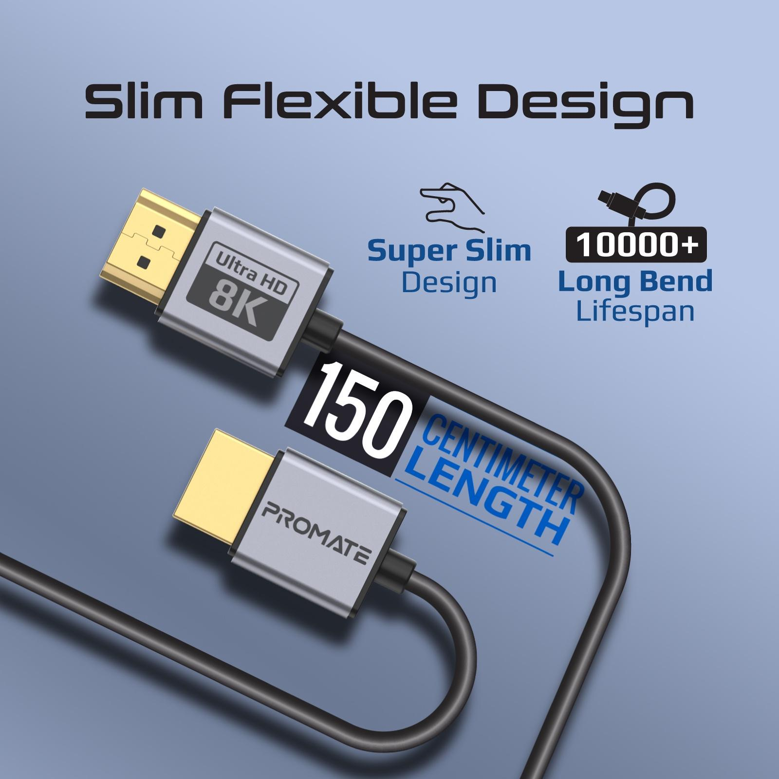 Un cable HDMI con etiquetas, con 'Ultra HD 8K' y '150 centímetros de longitud'.