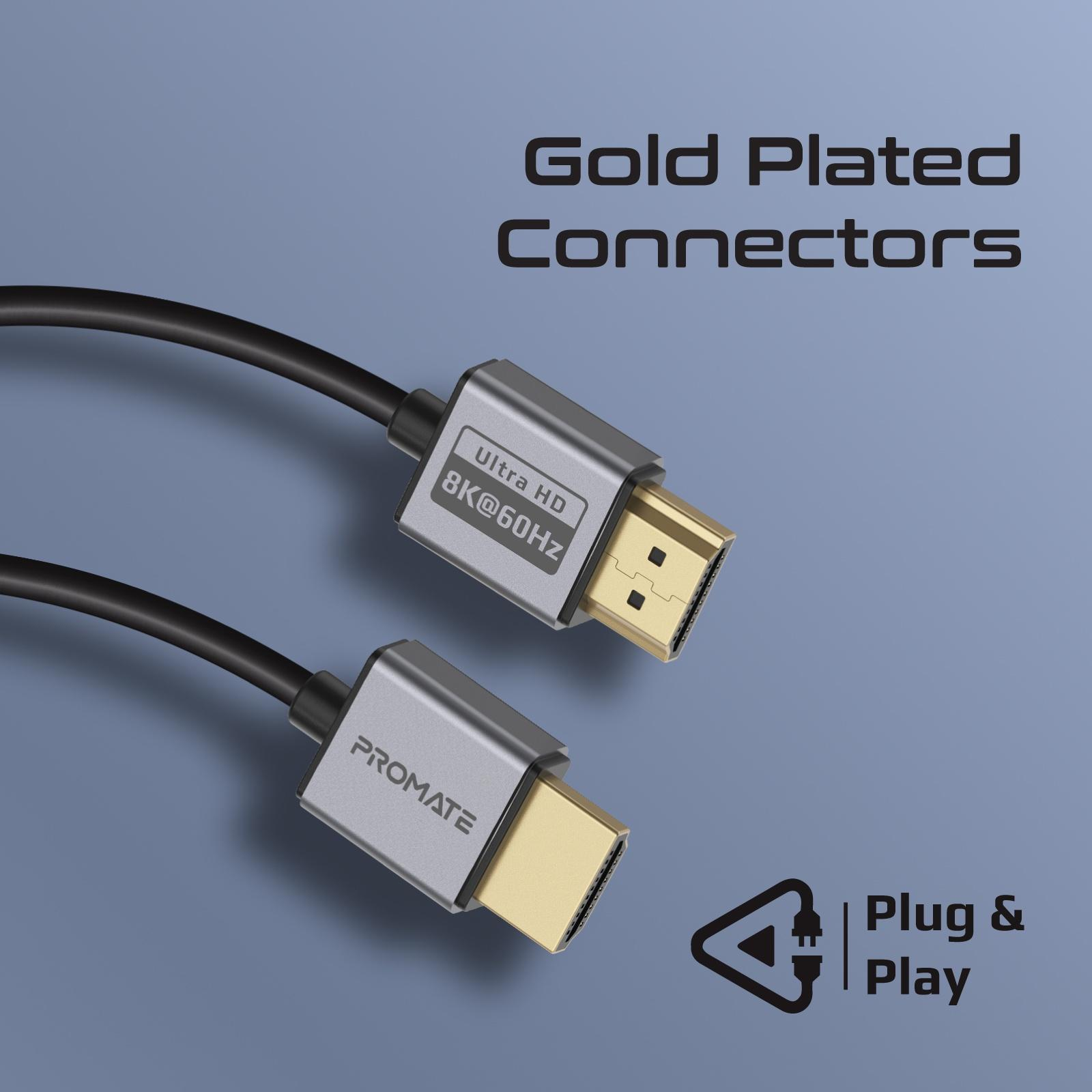 Se muestran dos cables HDMI plateados con conectores chapados en oro. Se muestra el texto "Gold Plated Connectors".