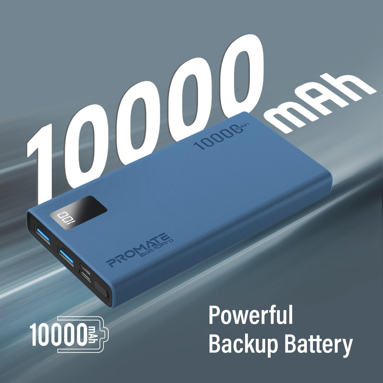 Banco de energía azul con 10000 mAh. Texto y gráficos blancos de 10000 mAh sobre fondo azul.