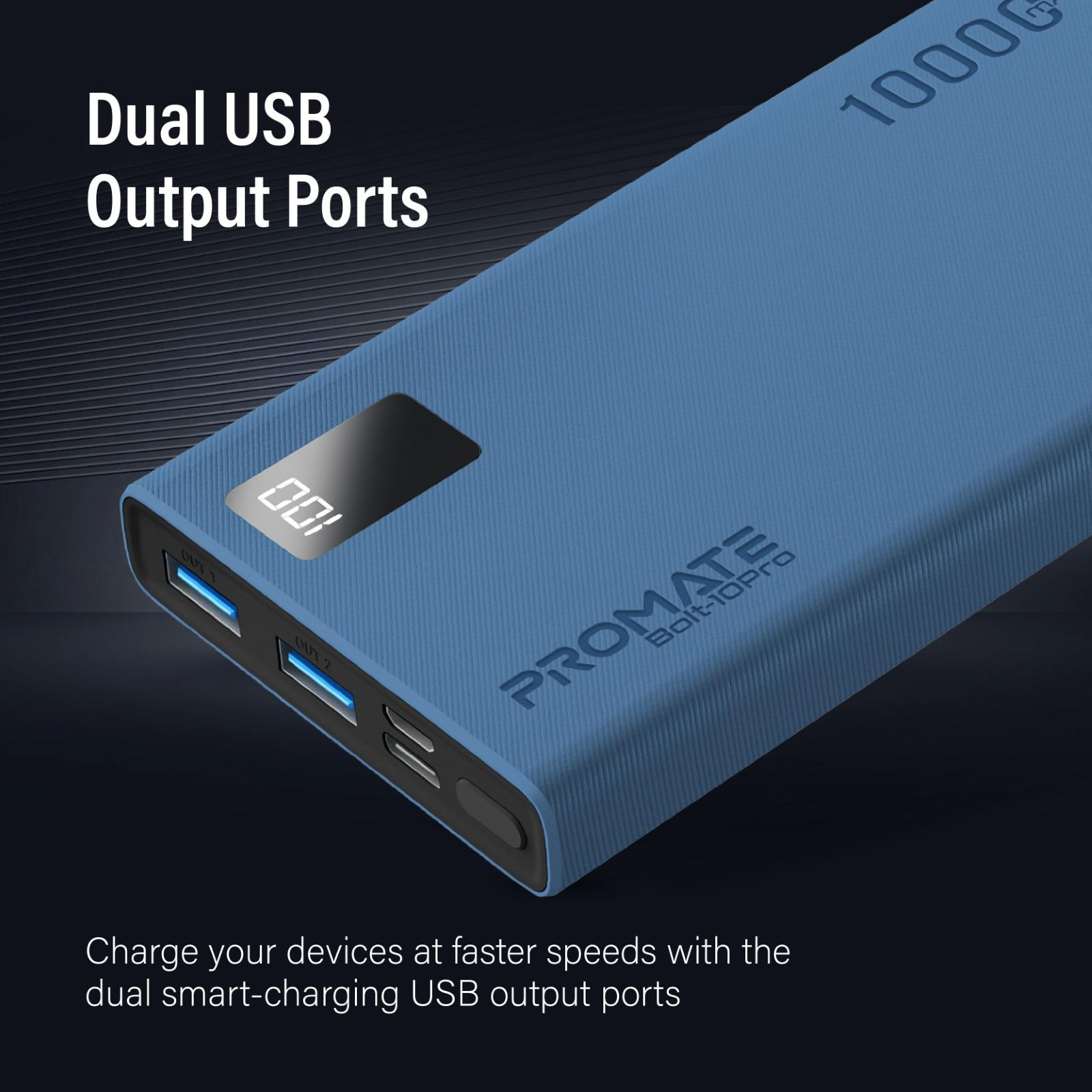 Banco de energía azul con puertos USB duales y pantalla. Texto blanco: 'Puertos de salida USB dobles'.