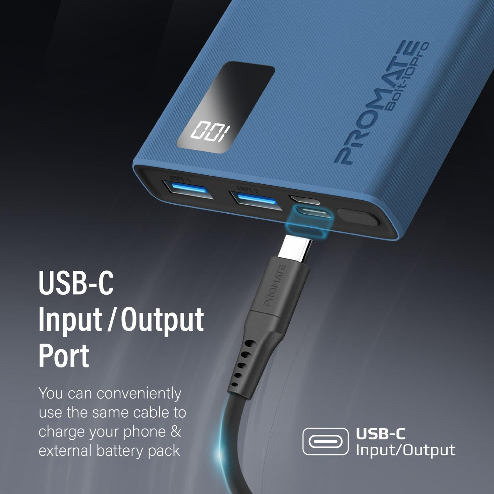 Cargador portátil azul con puertos USB y un cable de carga conectado. Texto: Puerto de entrada/salida USB.