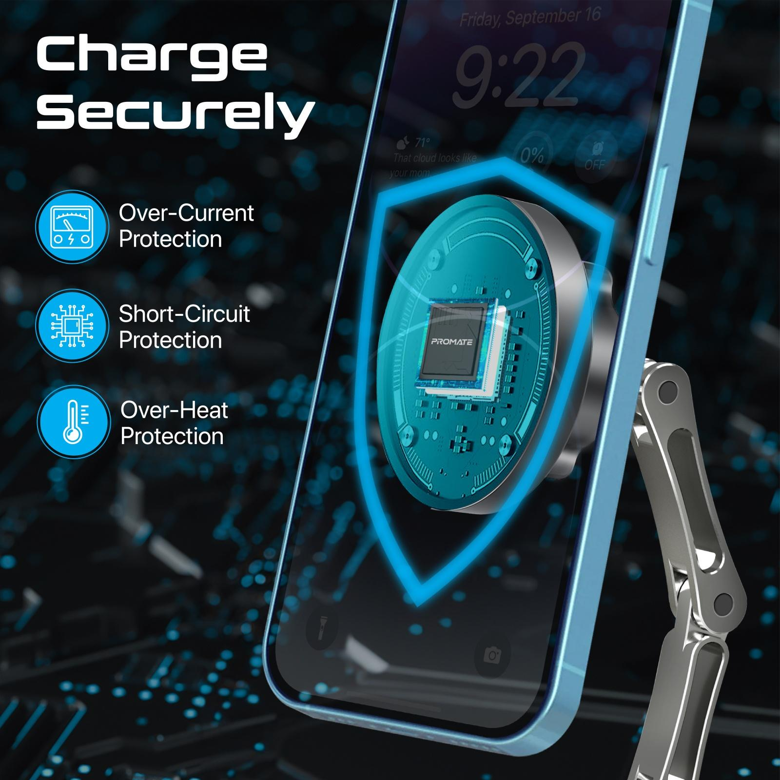 Un telefono con custodia protettiva, grafica del circuito stampato e supporto. Testo: 'Charge Securely'.