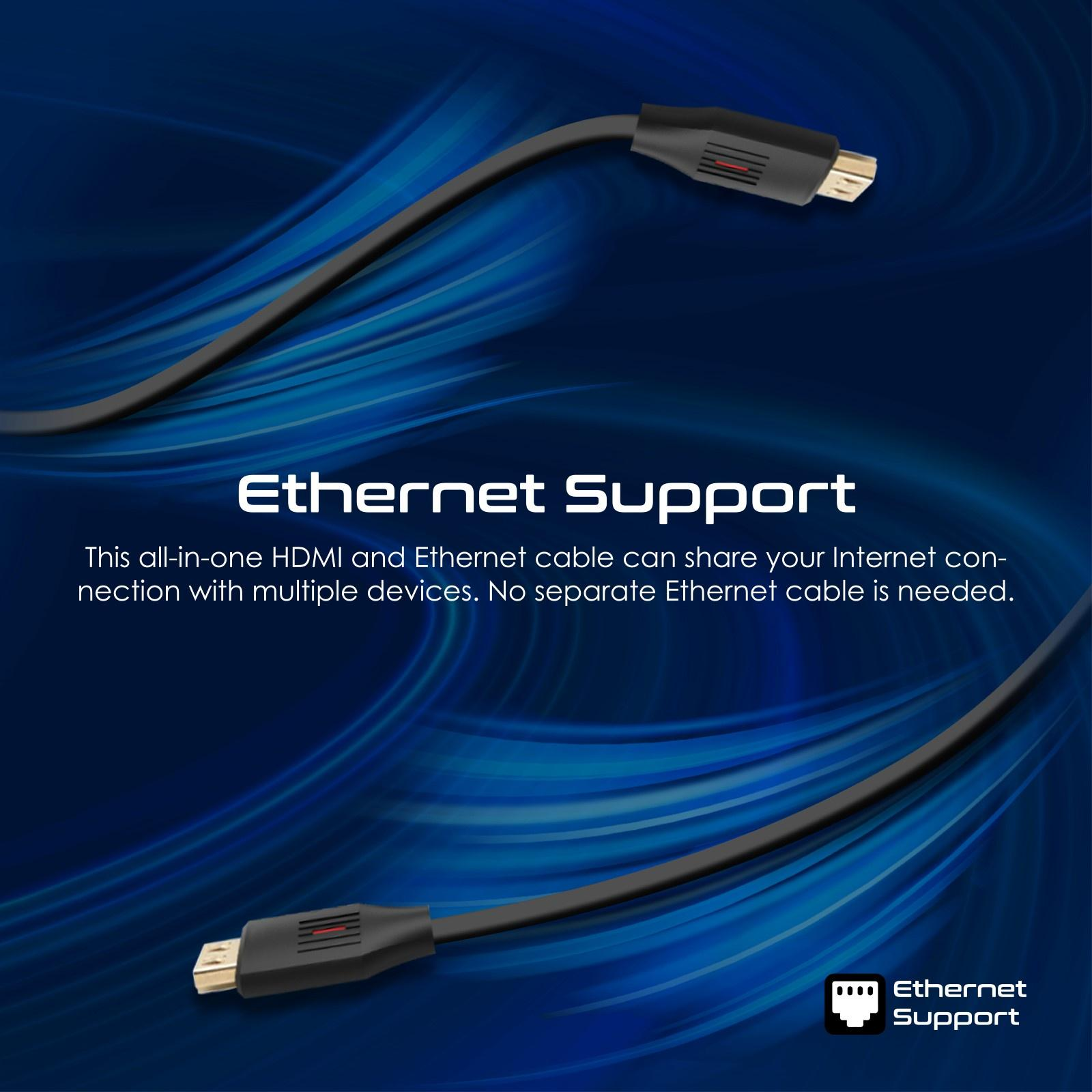Dos cables HDMI negros con acentos rojos sobre un fondo azul degradado. El texto dice 'Soporte Ethernet'.