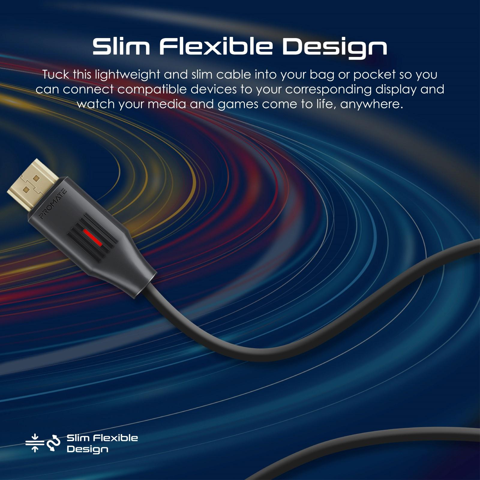 Un cable negro con una raya roja y un conector HDMI. El fondo es abstracto.