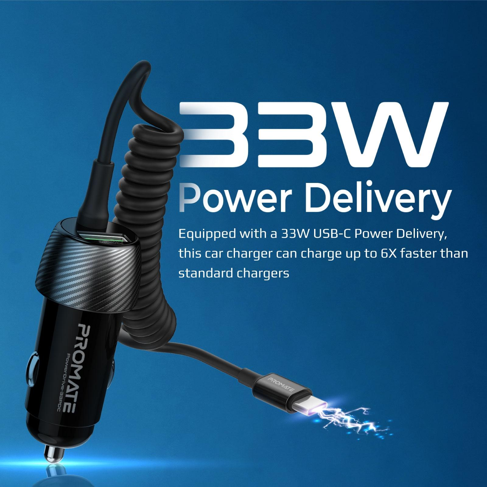 Cargador de coche negro con cable USB-C. Texto: 33W Power Delivery. Símbolo de rayo visible.