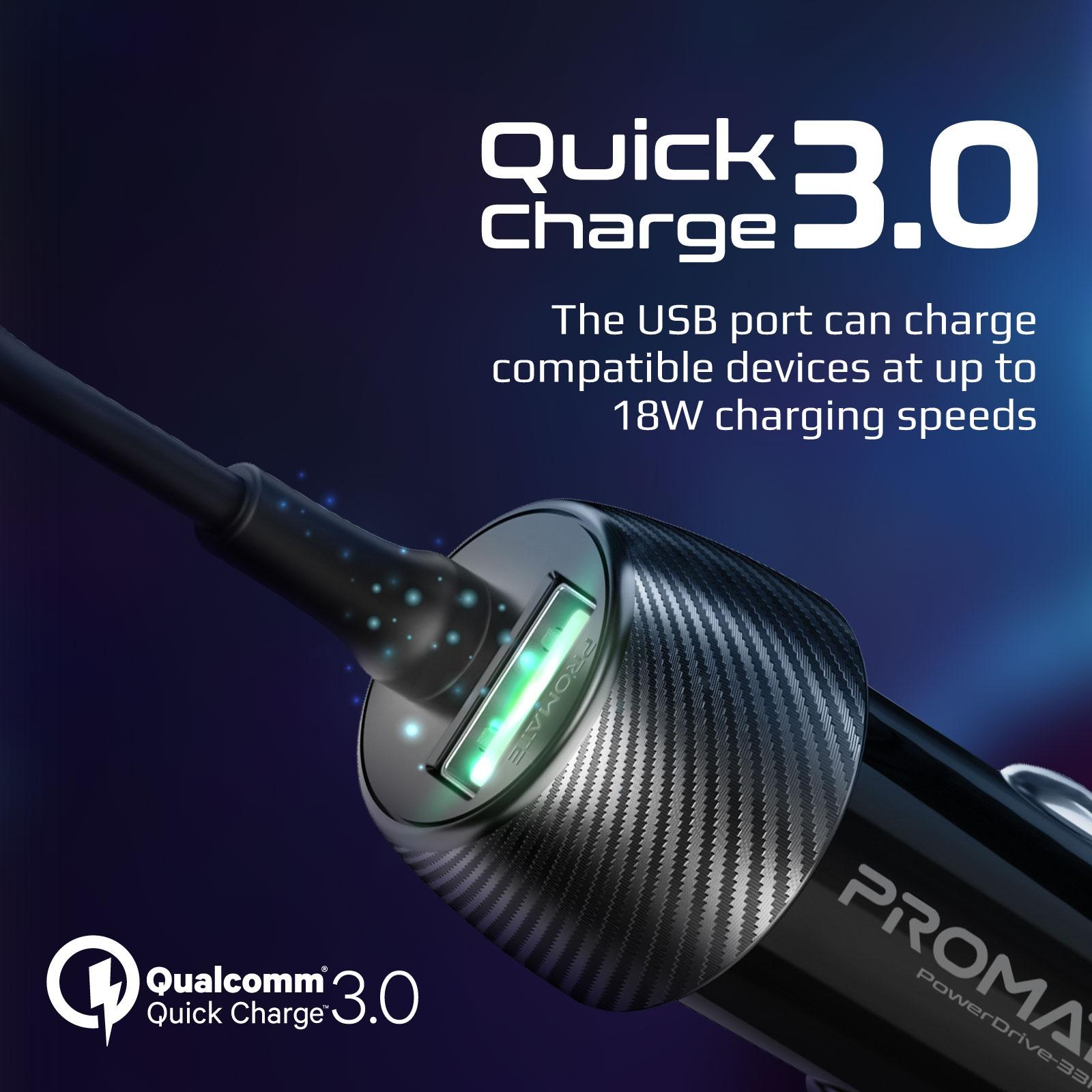 Cargador negro con puerto USB y texto 'Quick Charge 3.0', con fondo azul.