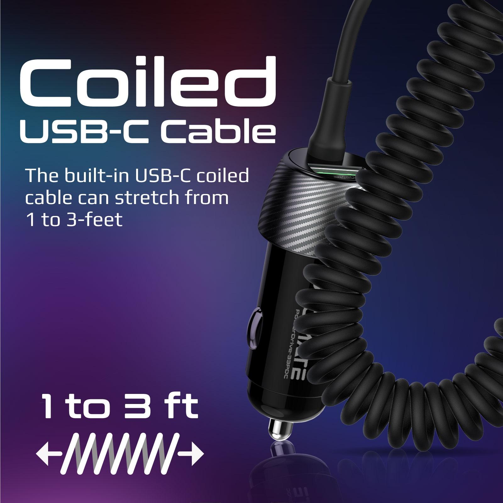 Cable USB-C negro en espiral, que se extiende de 1 a 3 pies. Contra un fondo degradado.