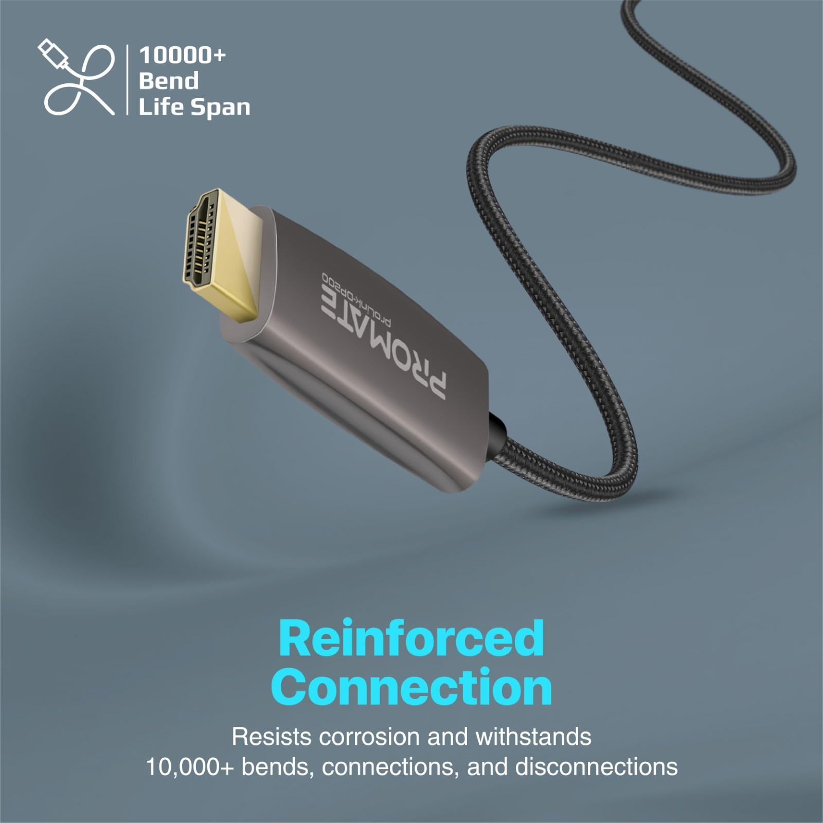 Cable HDMI plateado con cable negro. Texto: 'Reinforced Connection' y '10000+ Bend Life Span'.