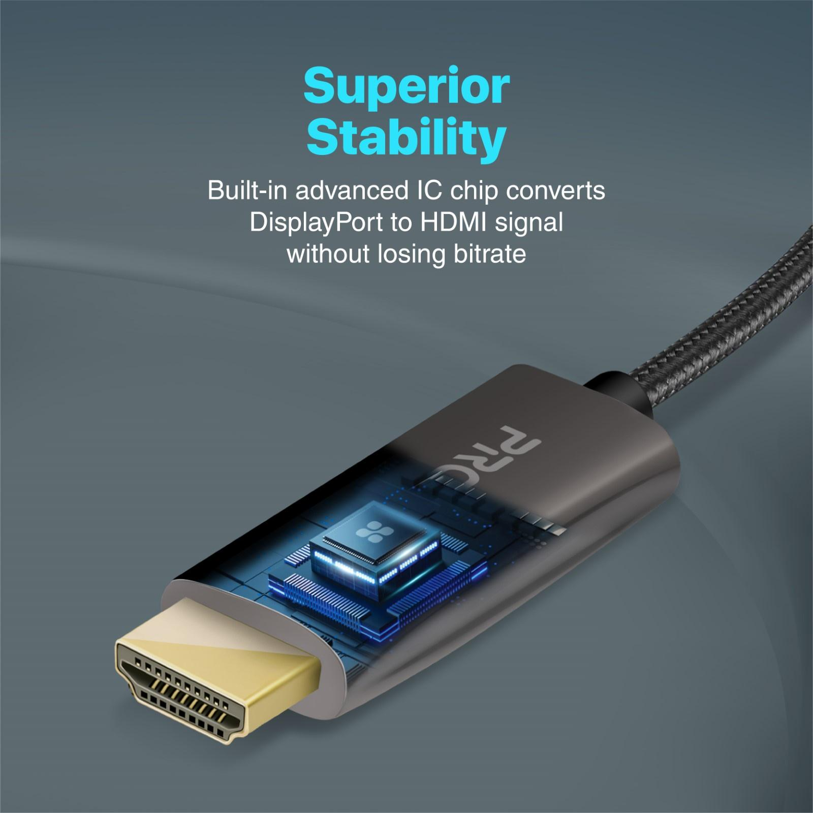 Un conector HDMI negro, que muestra una placa de circuito, con la marca 'PRE' visible.