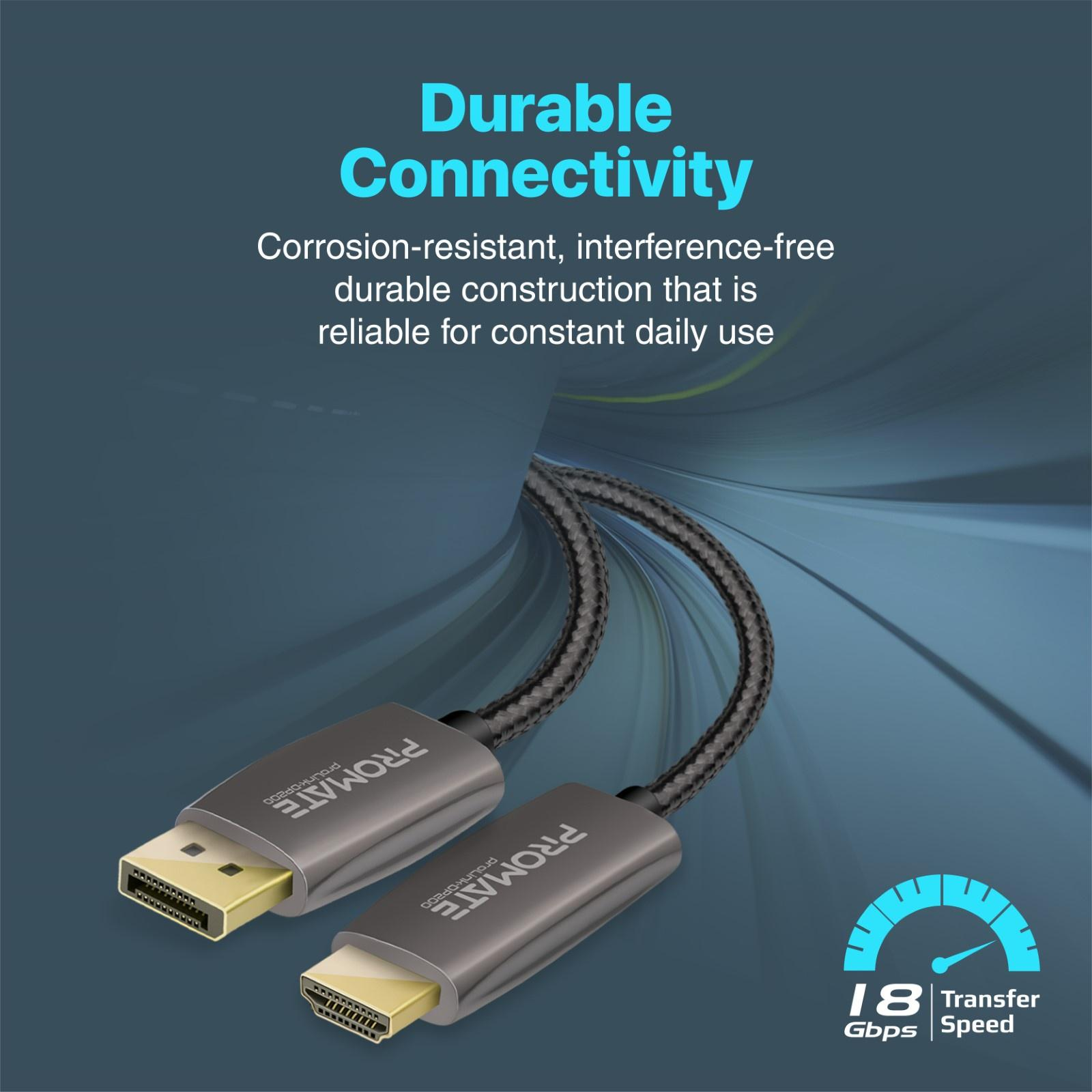 Dos cables HDMI con un cable negro. El texto "Durable Connectivity" está arriba y "18 Gbps Transfer Speed" abajo.