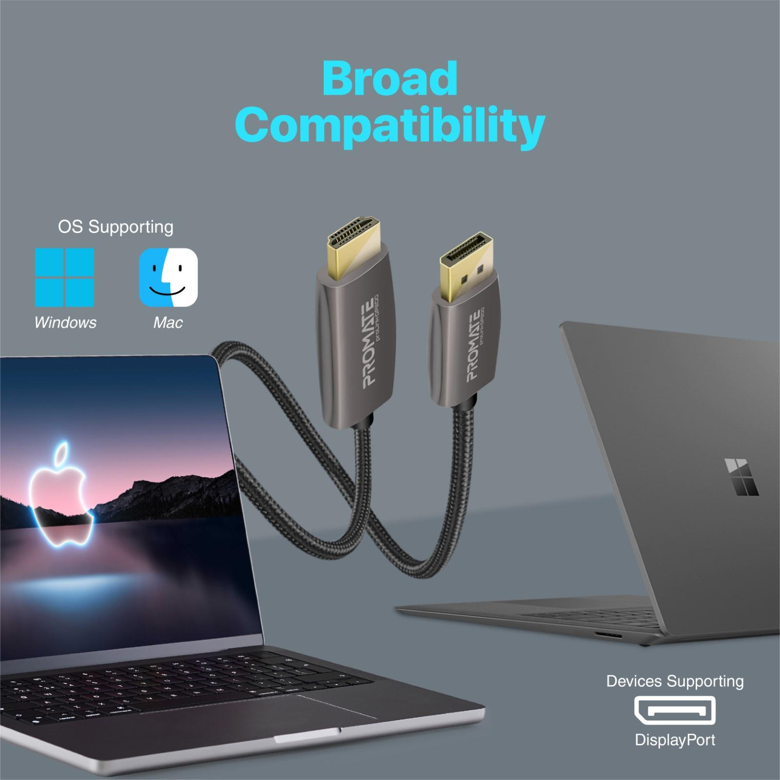 Cables HDMI con un portátil y TV, mostrando iconos de compatibilidad para Windows y Mac.