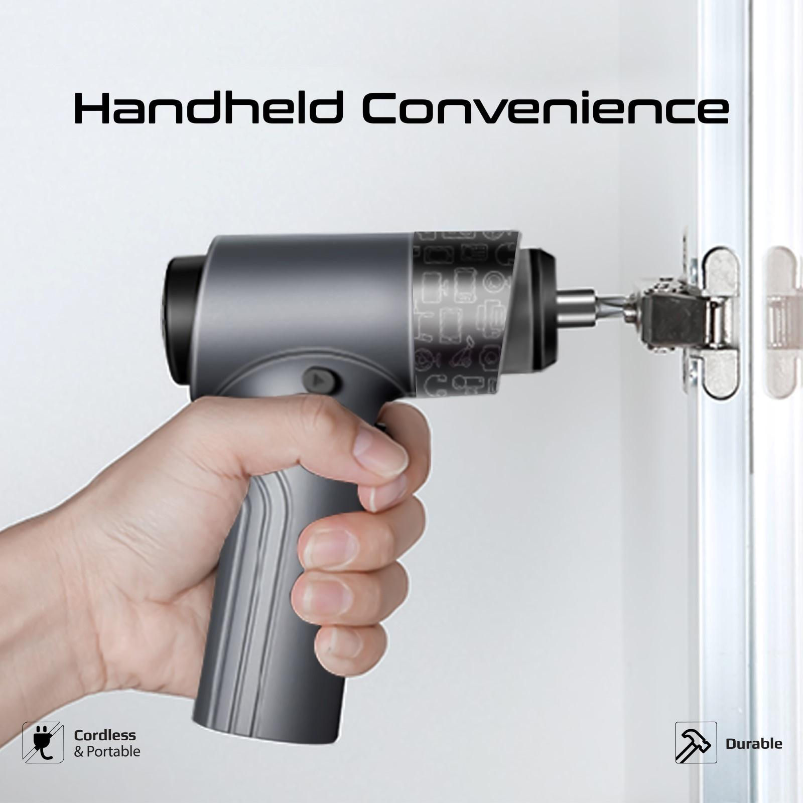Una mano che tiene un trapano senza fili grigio accanto a una porta bianca dell'armadio, con 'Handheld Convenience' in alto.