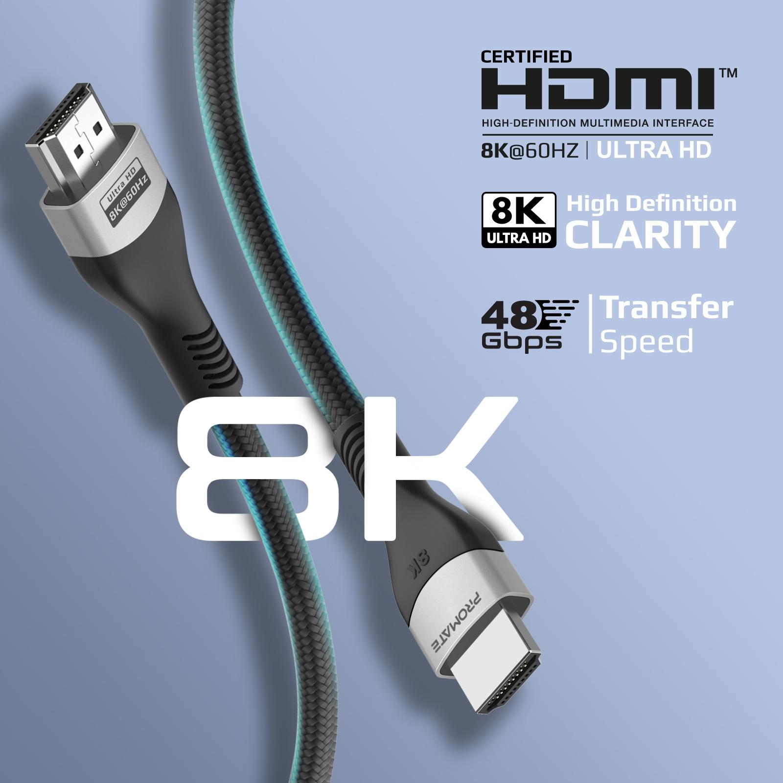 Cable HDMI con marca, mostrando 8K y 48 Gbps. Texto sobre claridad y velocidad.