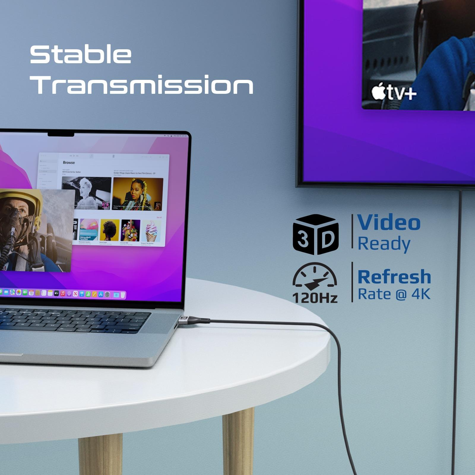 Un portátil conectado a un televisor con un cable, mostrando una pantalla lista para video.