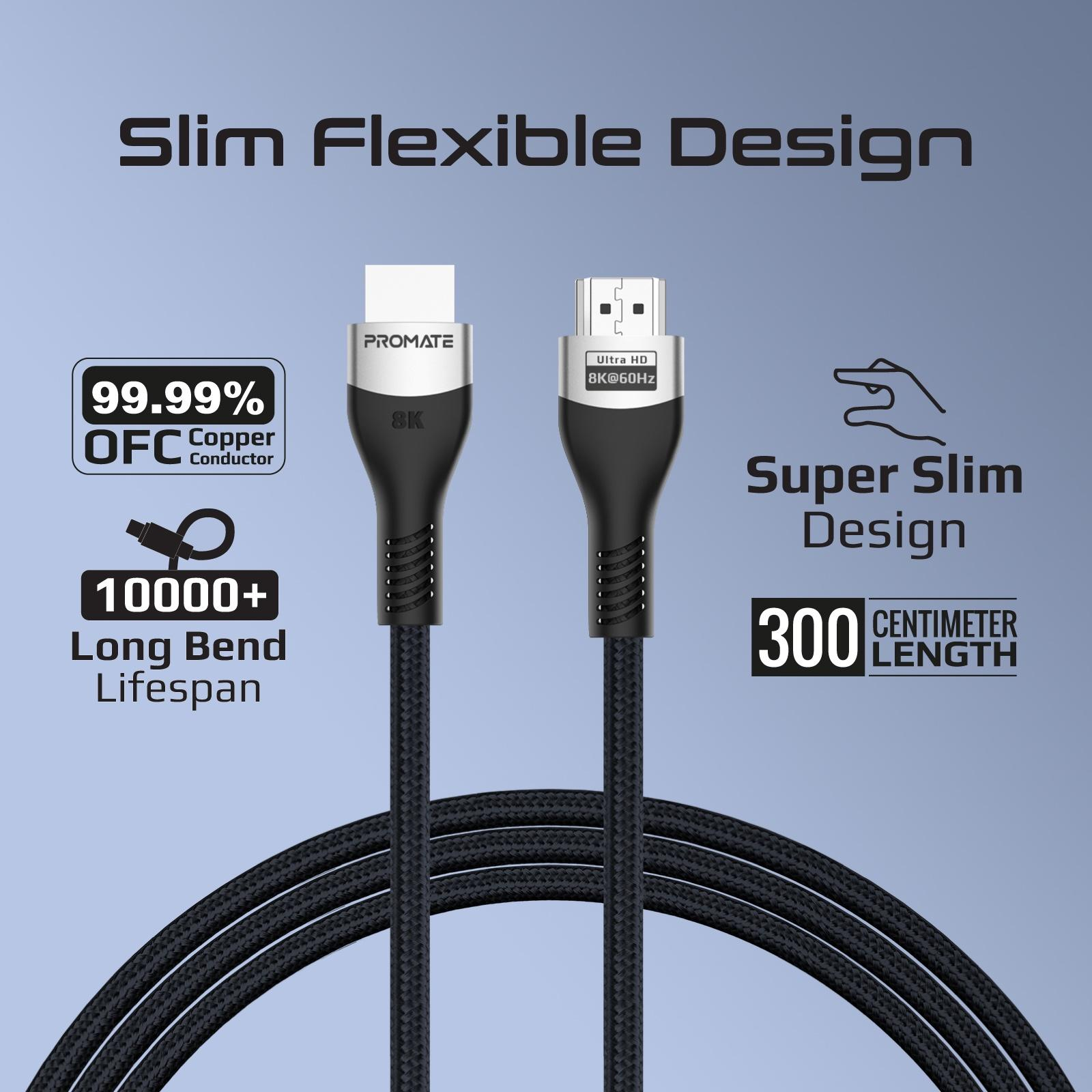 Cable HDMI negro con texto, Diseño Flexible Delgado y 300cm de longitud.