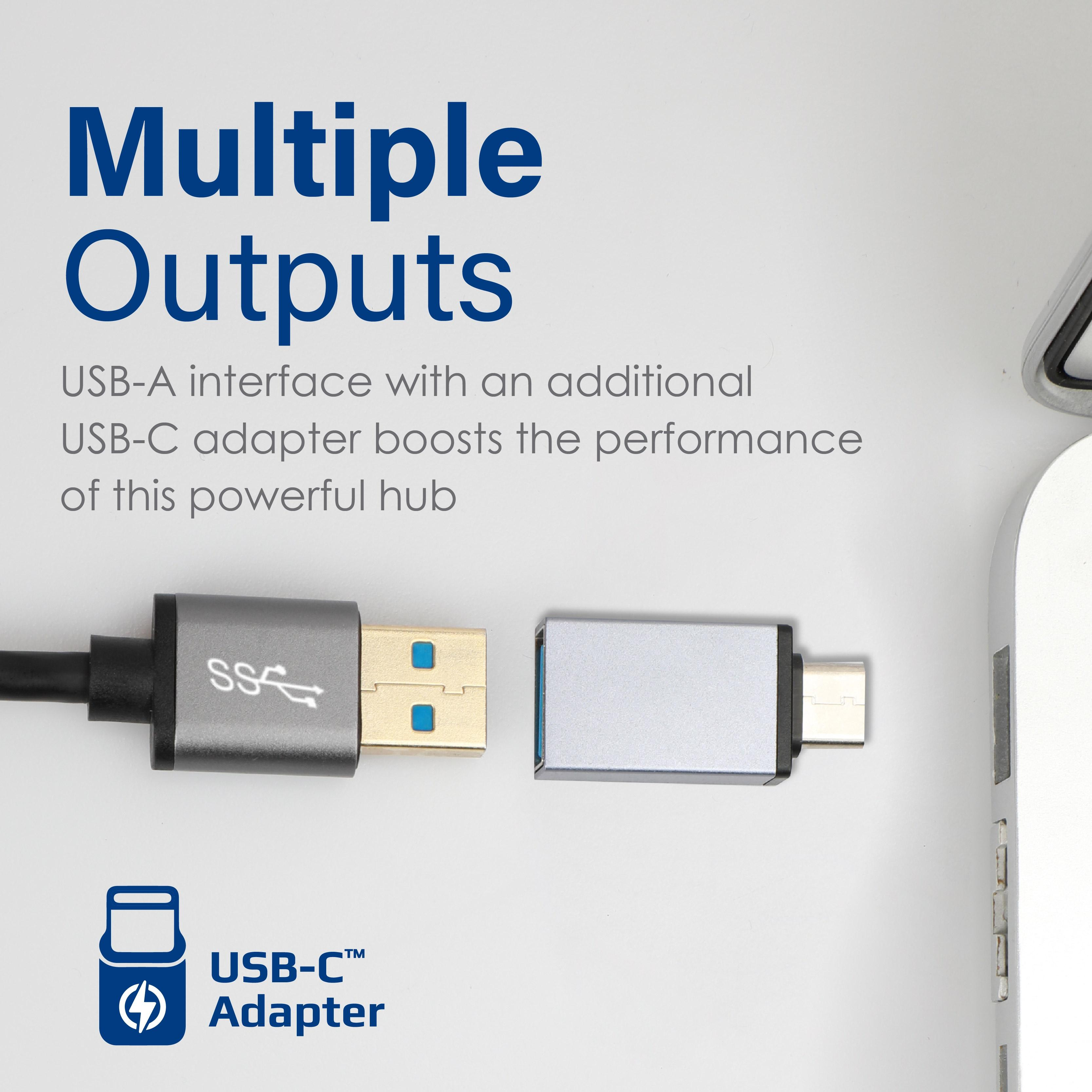 Adaptador USB-A a USB-C conectado a un concentrador. El texto dice: Múltiples salidas. El concentrador está conectado con un cable negro.