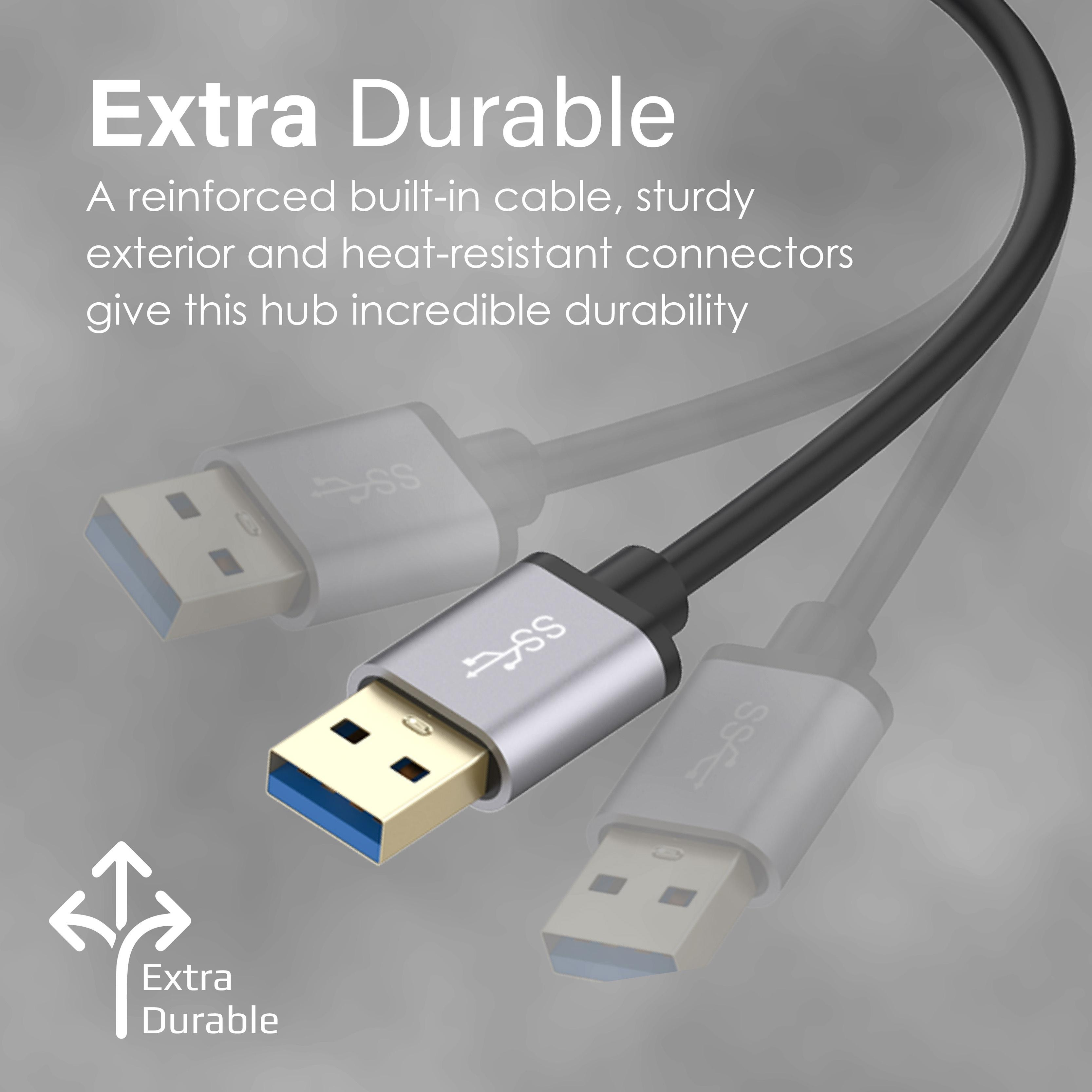 Cable USB-C, conectores plateados, puerto azul, primer plano. Texto: Extra Duradero.