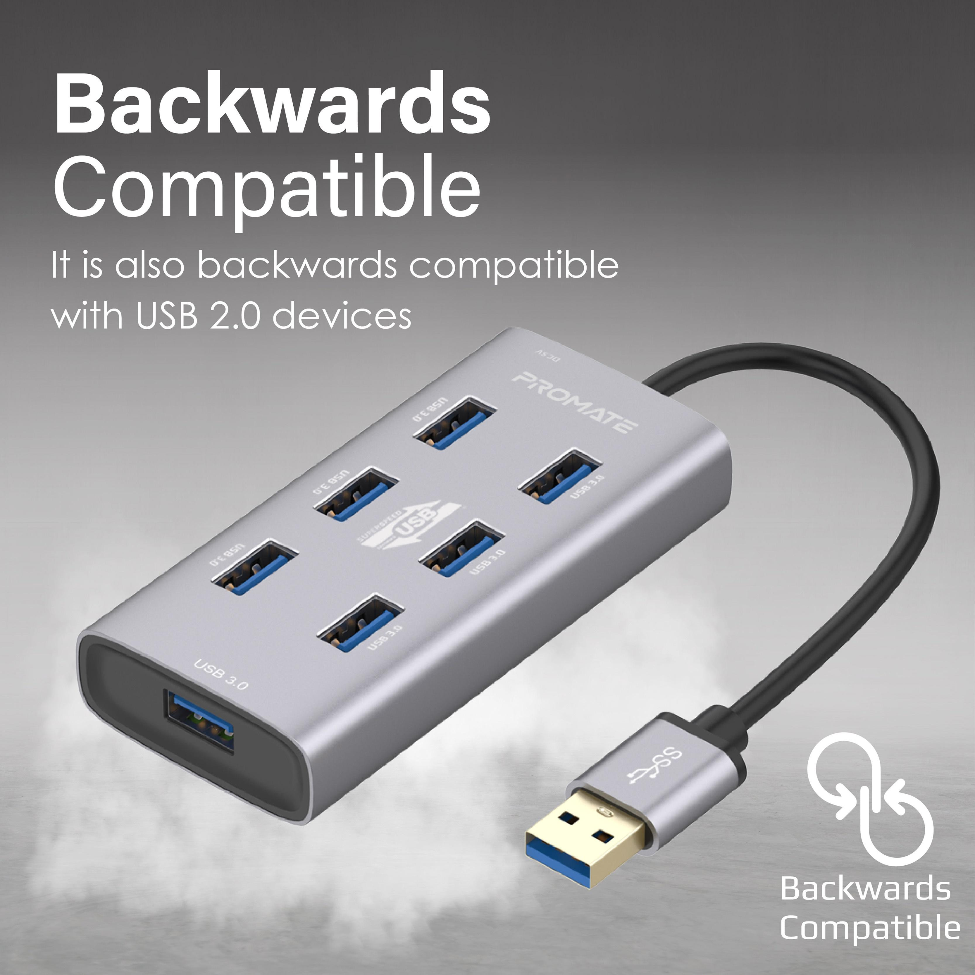 Concentrador USB plateado con múltiples puertos y un cable negro, etiquetado como 'Compatible con versiones anteriores'.