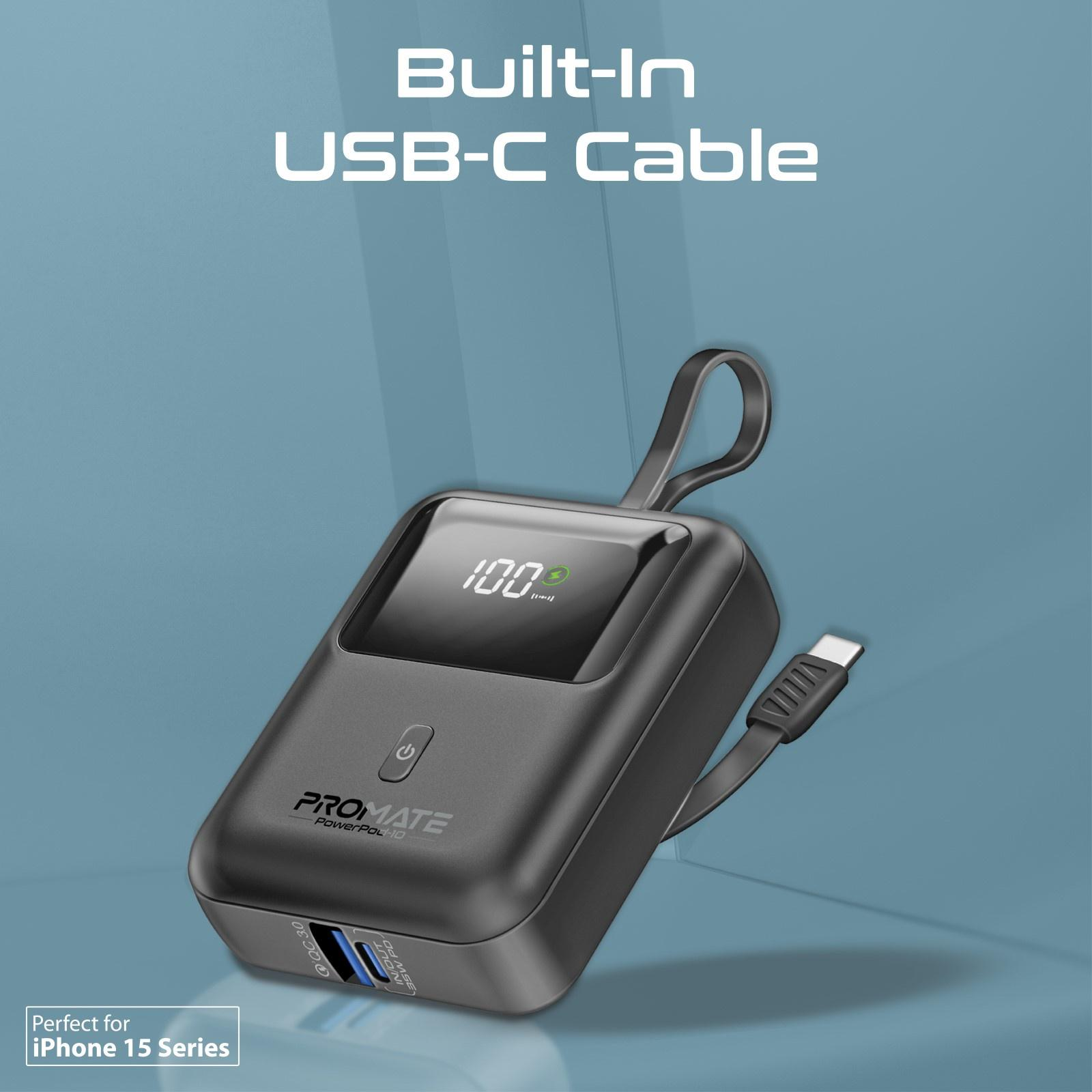 Batería externa negra con cable. Muestra una pantalla digital y tiene un cable USB-C.