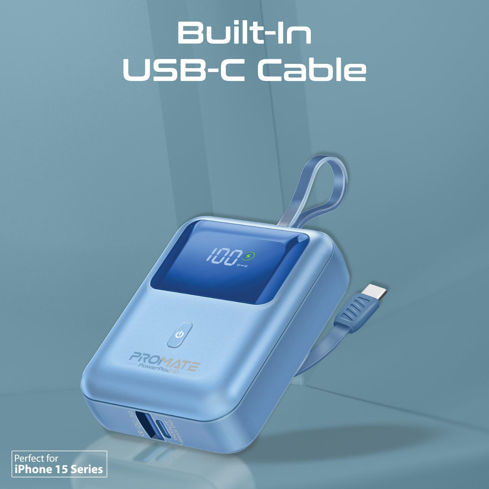 Un power bank blu con cavo USB-C integrato, che mostra il 100% di carica, e il marchio è Promate.