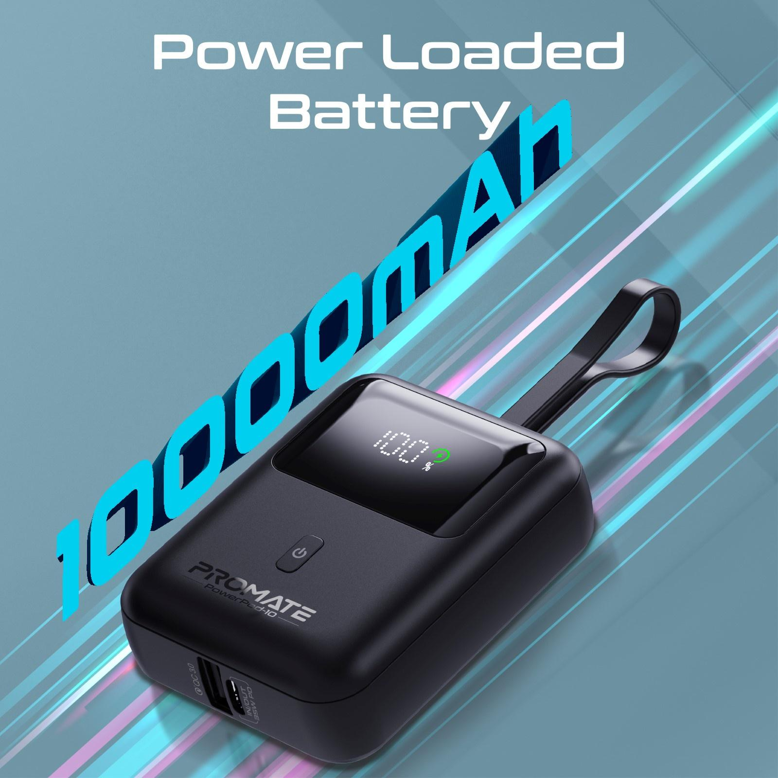 Banco de energía negro mostrando 100% de carga. Texto grande: 10000mAh.