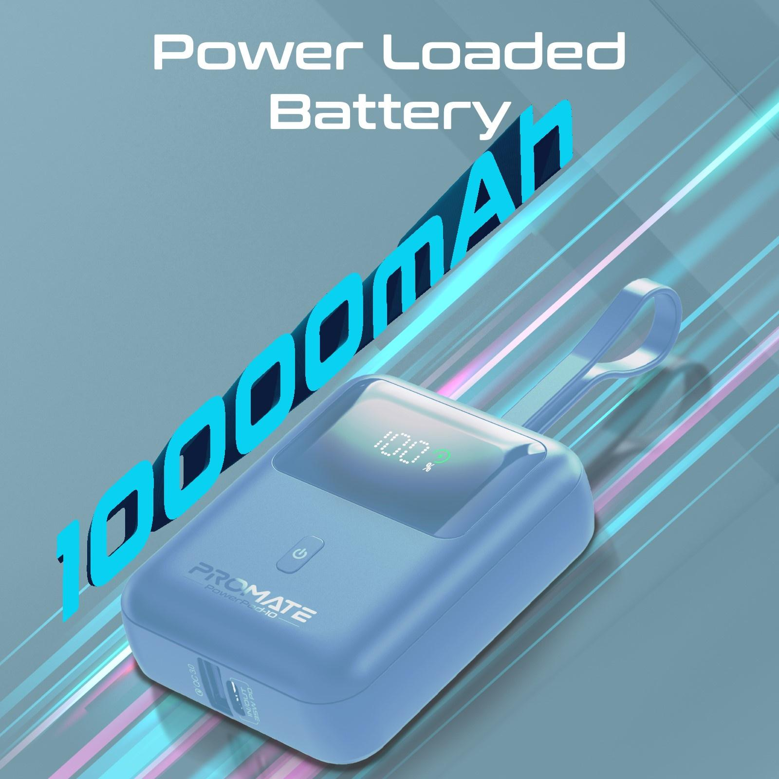 Power bank blu con schermo che mostra carica al 100%, con testo "10000mAh".