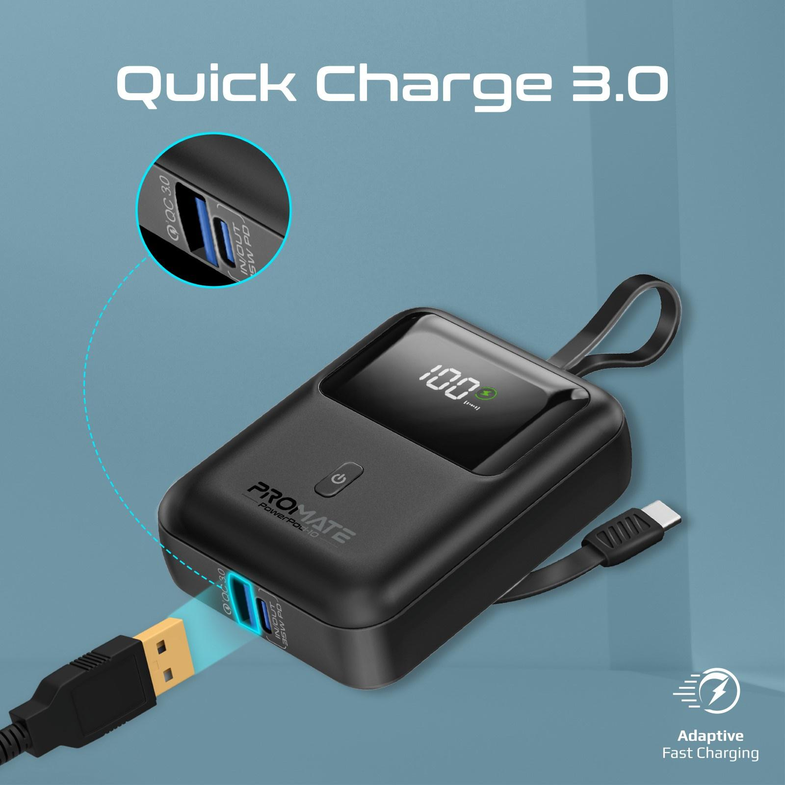 Banco de energía negro con USB, puertos USB-C y pantalla digital (100%).