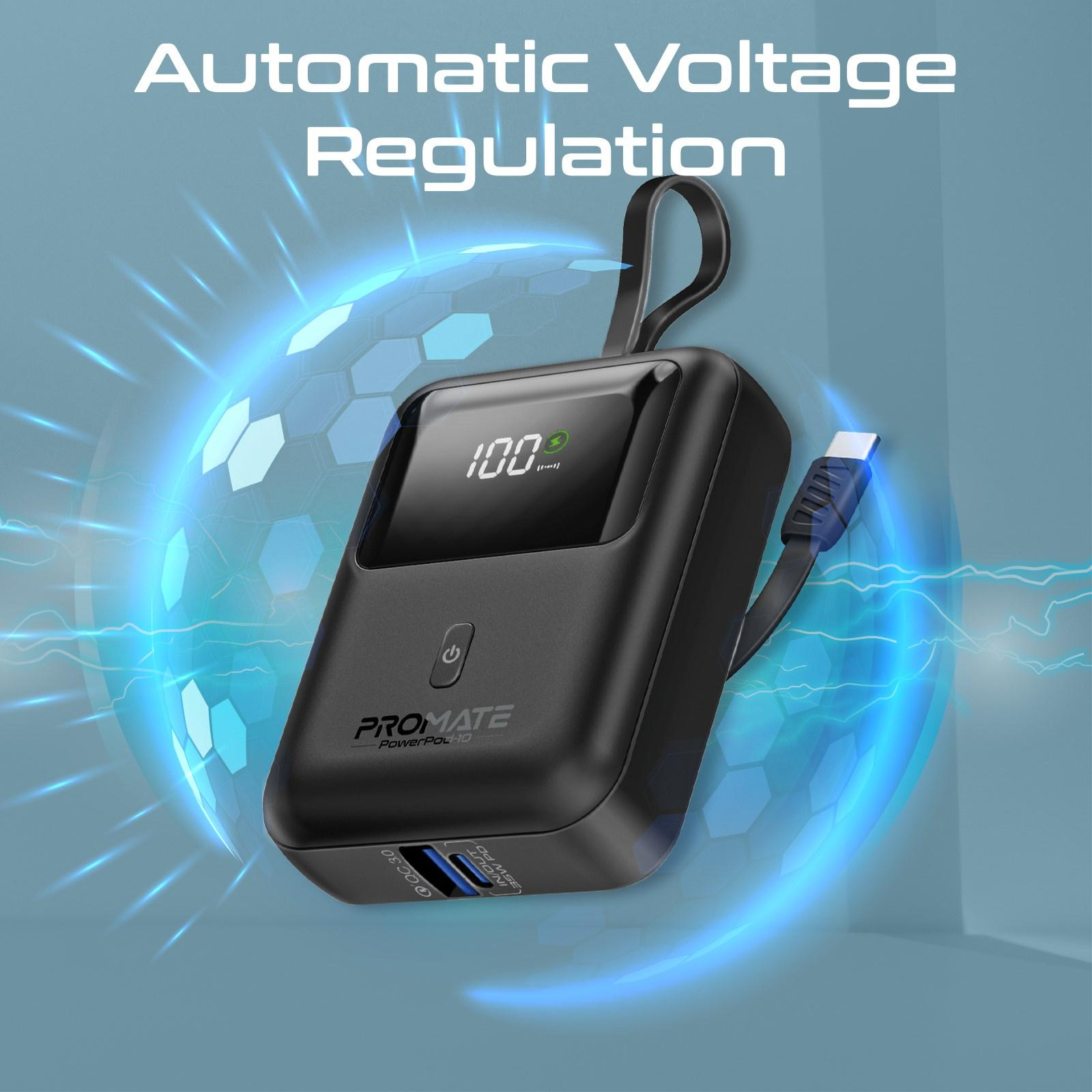 Banco de energía negro con pantalla que muestra el 100%. Luz azul a su alrededor. Texto "Automatic Voltage Regulation".