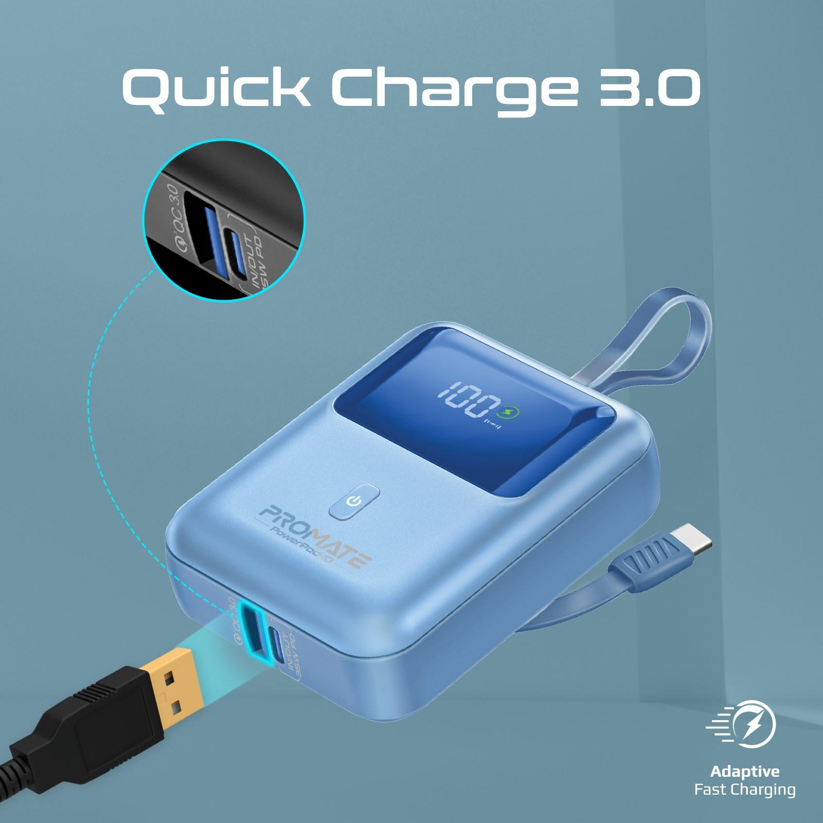 Power bank blu con cavo di ricarica collegato, che mostra il 100%. Sfondo bianco con testo.