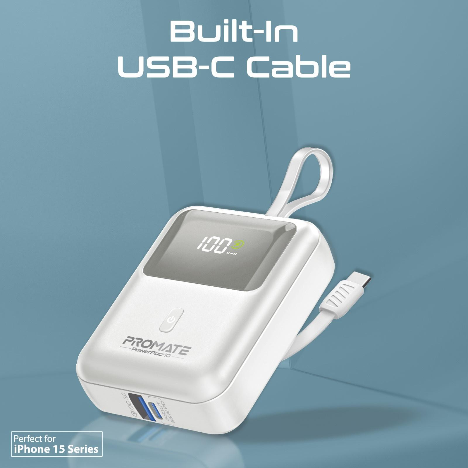 Banco de energía blanco con cable USB-C, mostrando 100% de carga.
