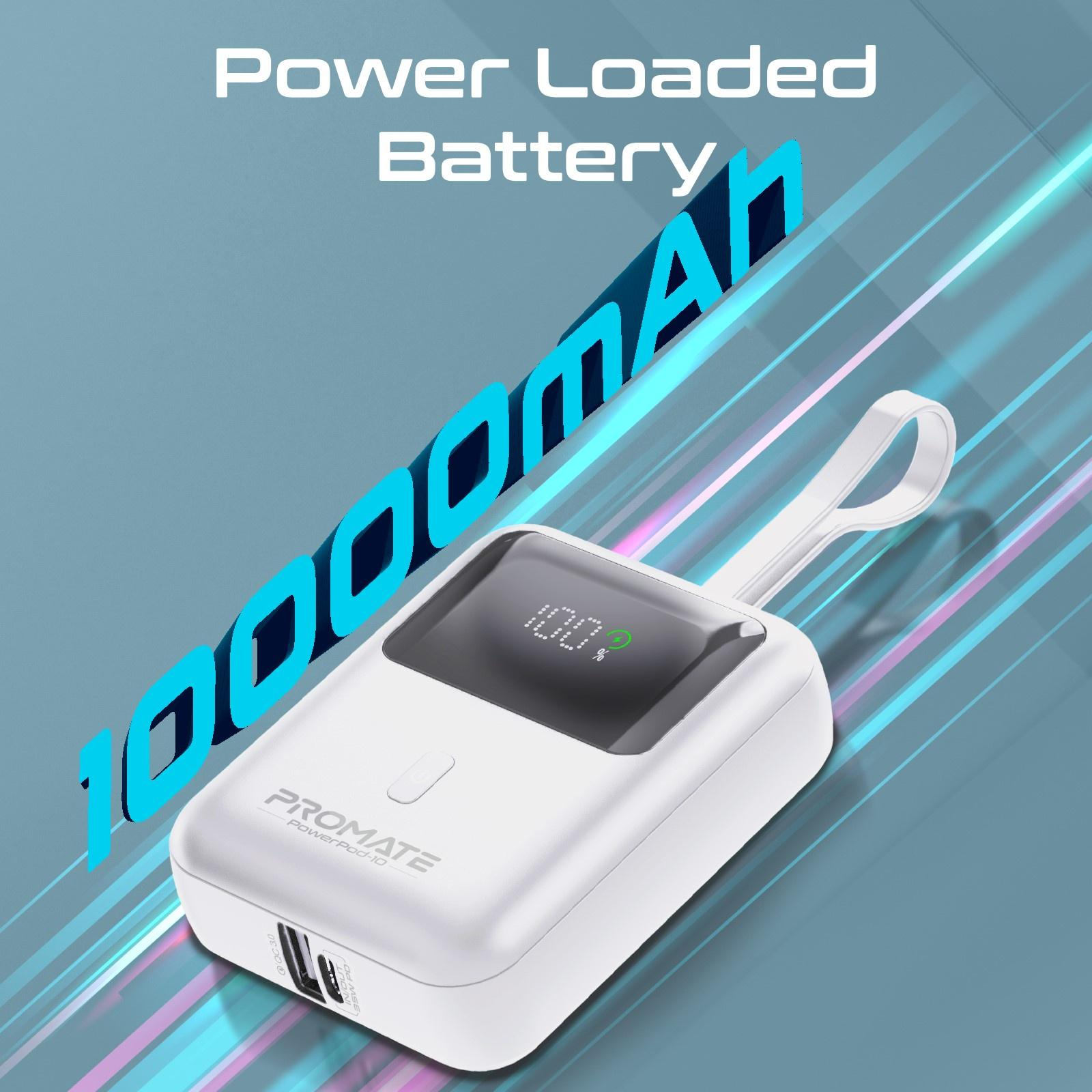Un banco de energía blanco con pantalla que muestra el 100% de carga, con texto azul '10000mAh'.