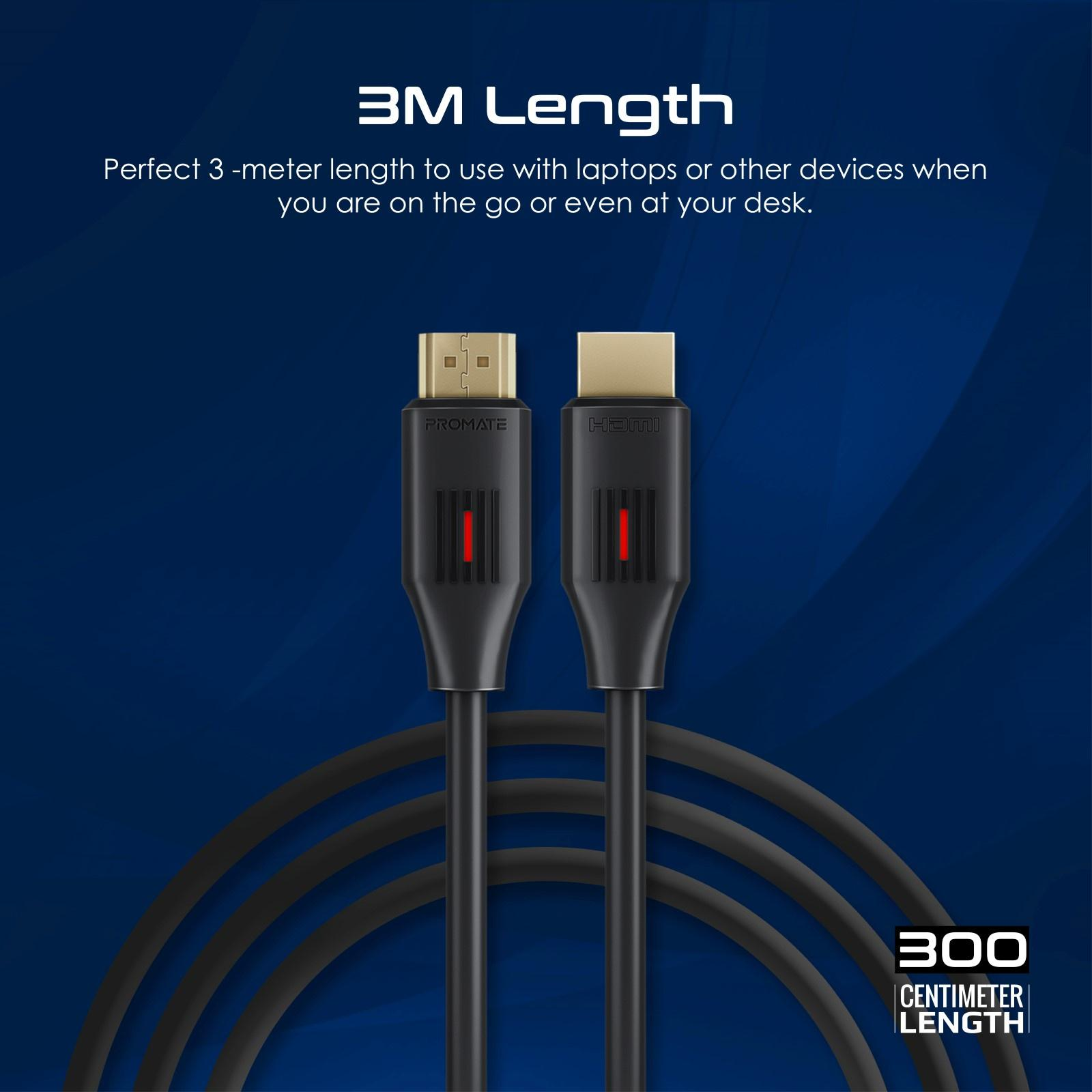 Dos cables HDMI negros con detalles rojos, y la palabra 'PROMATE' es visible en los cables.