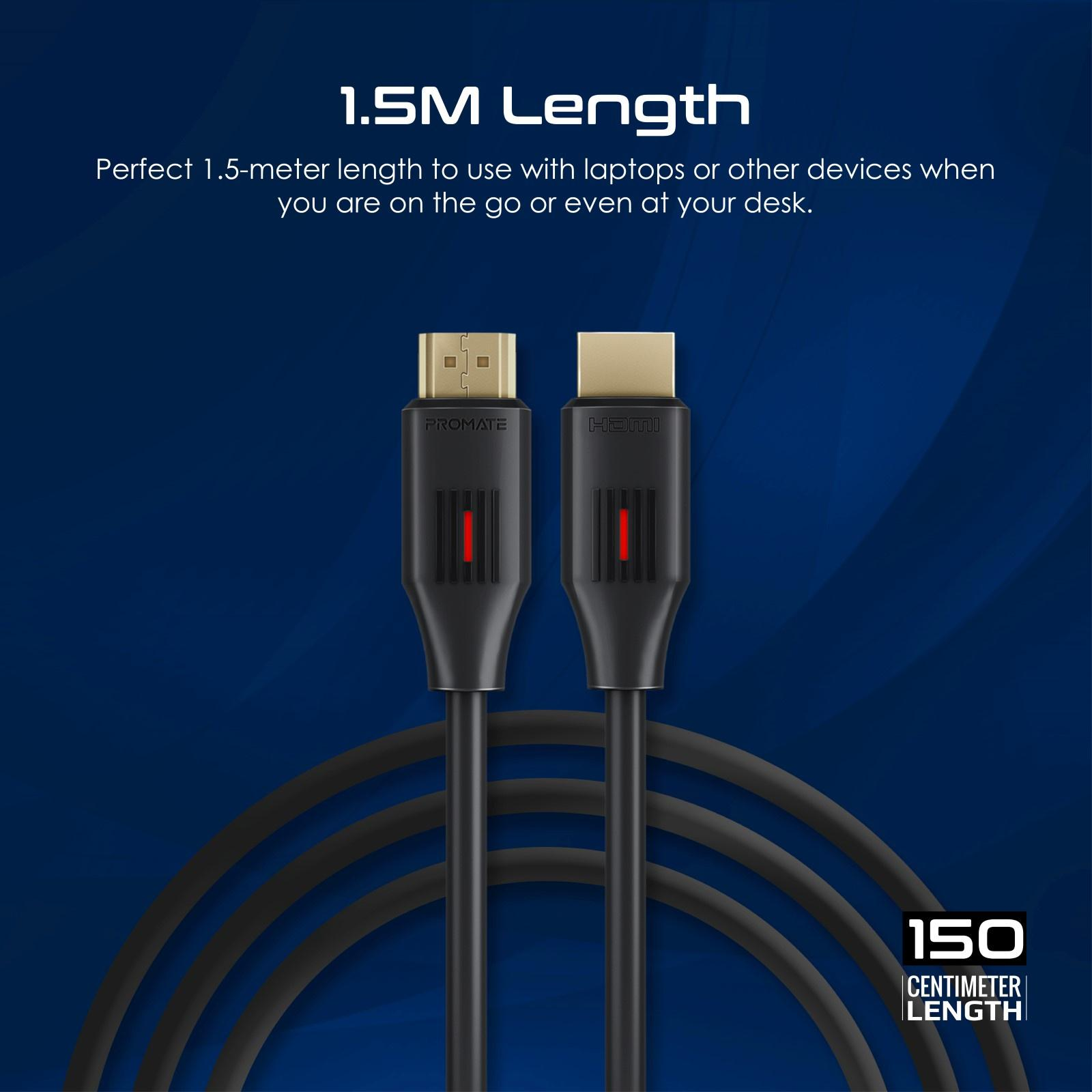 Cable HDMI negro con conectores dorados, texto: 1.5M Length, sobre fondo azul degradado.