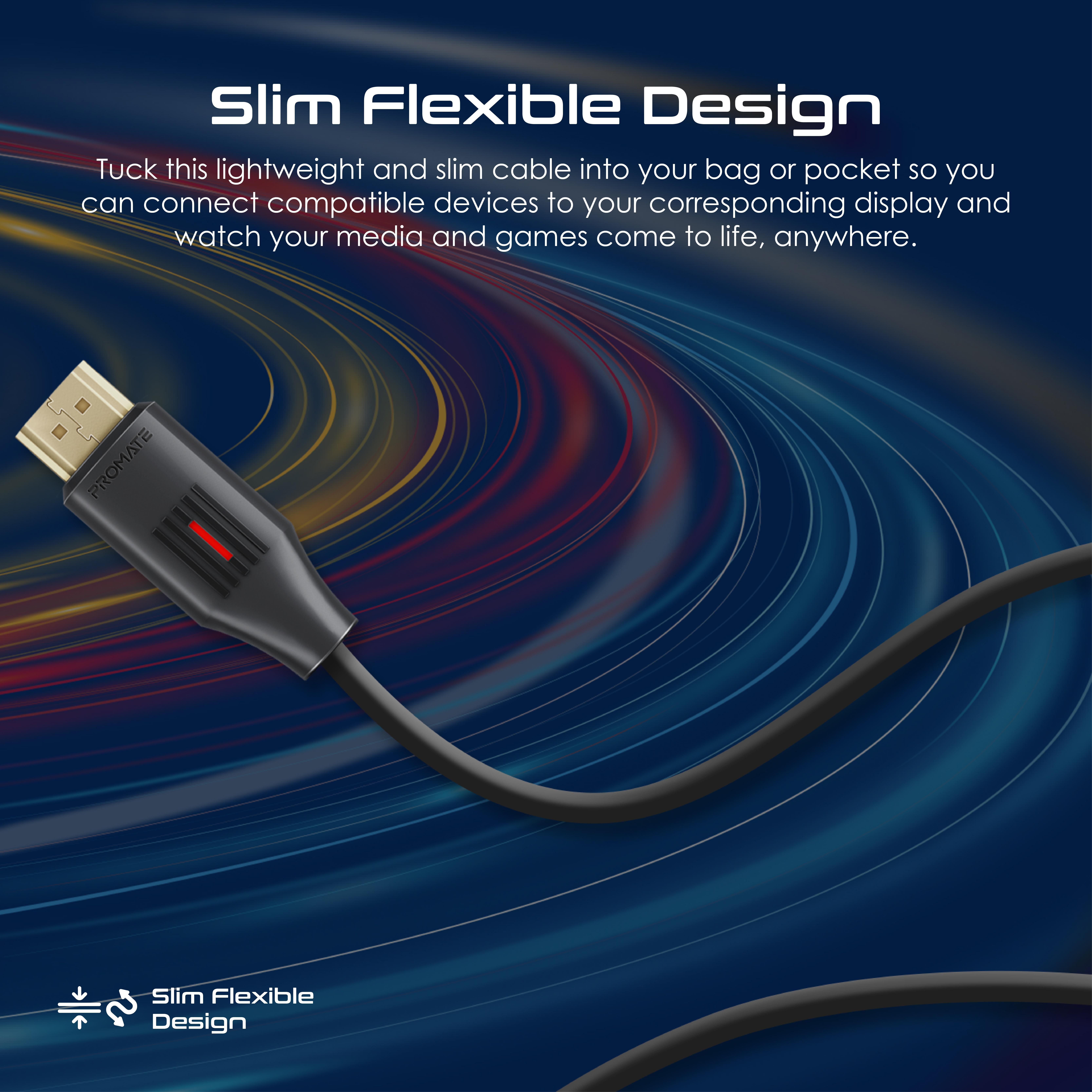 Cable HDMI negro con acento rojo y texto sobre fondo degradado azul y blanco.